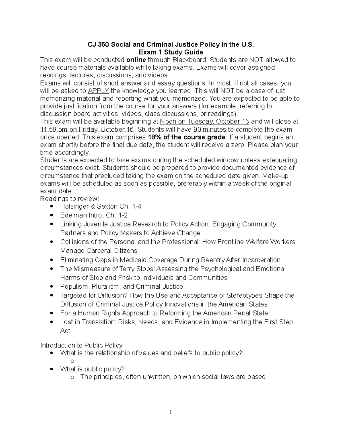 Exam 1 Study Guide 2020 - CJ 350 Social and Criminal Justice Policy in ...