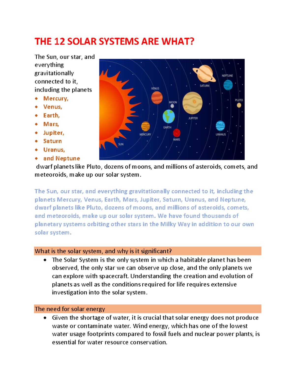 Science - THE 12 SOLAR SYSTEMS ARE WHAT? The Sun, our star, and ...