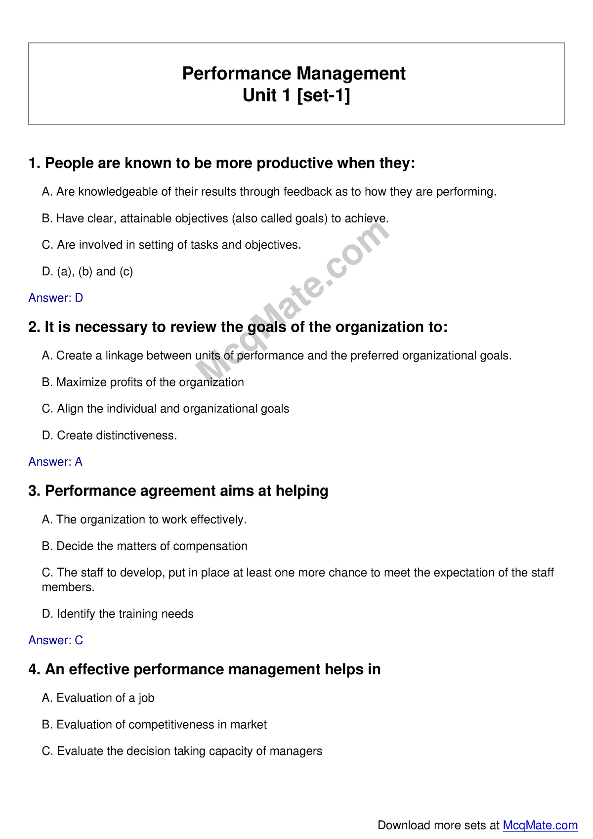 Performance Management (Unit 1 [set-1]) Solved MCQs Mcq Mate ...