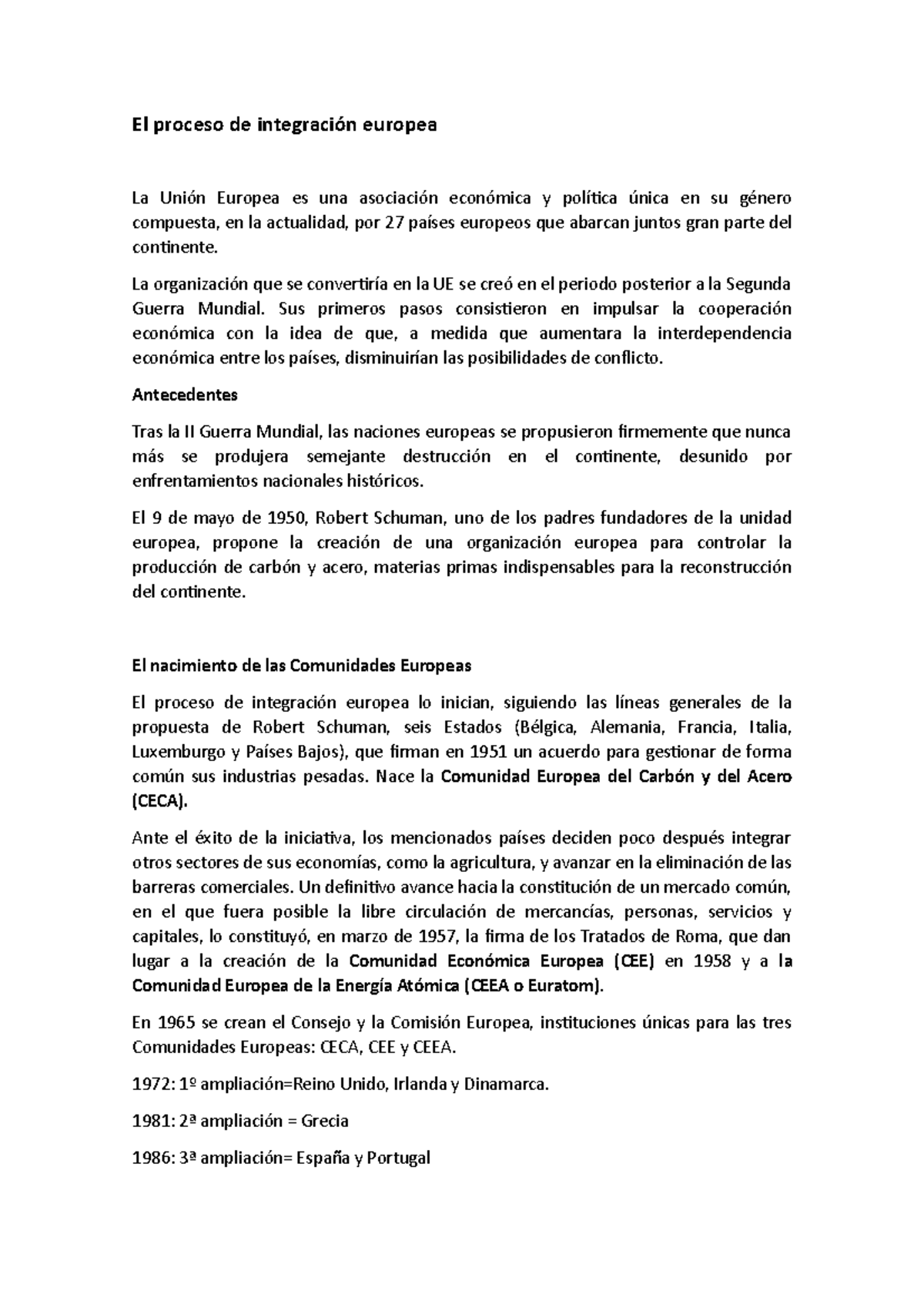 Génesis de la UE - Apuntes tema 1 - El proceso de integración europea ...