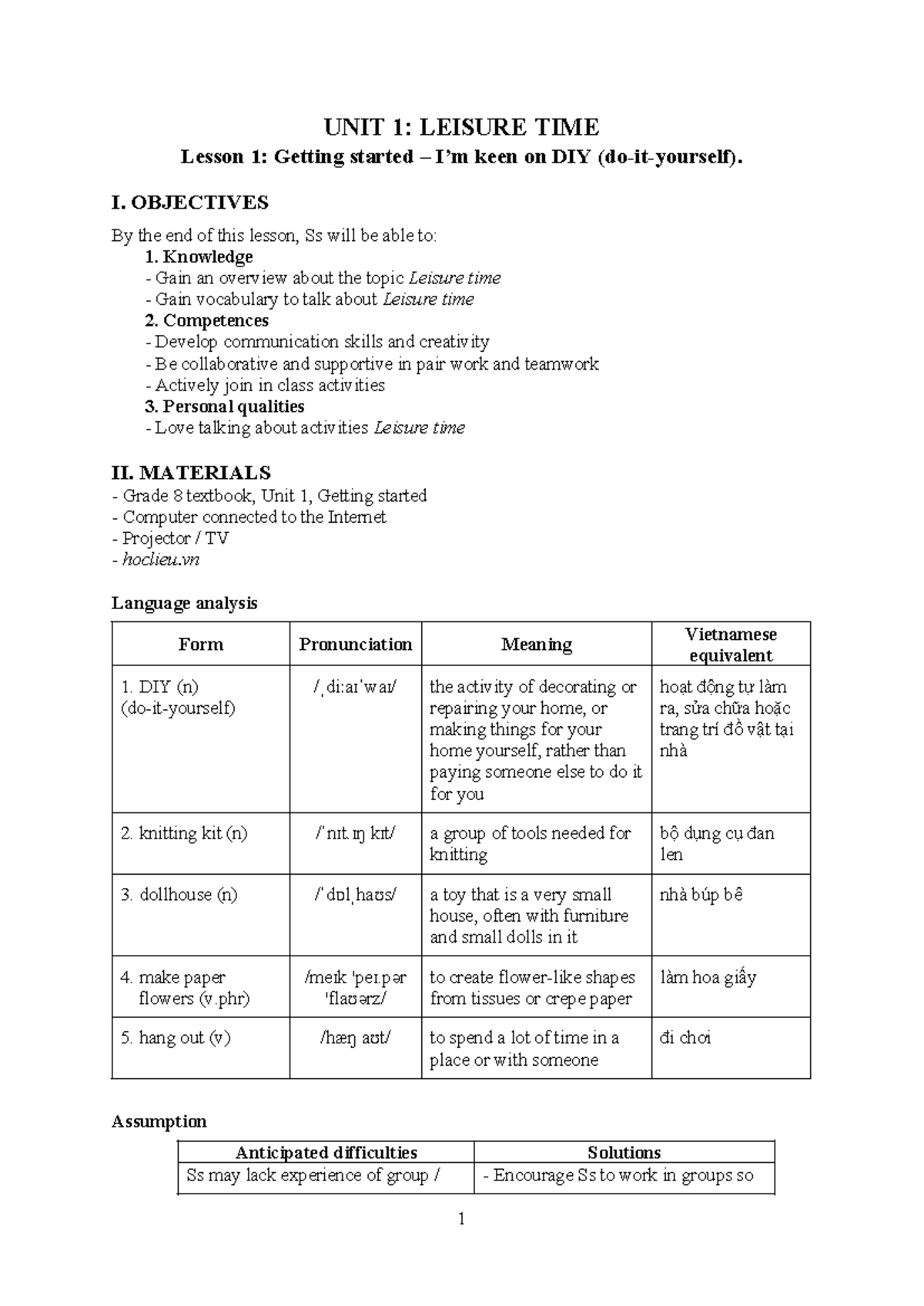 Unit 1 - review unit 1 - UNIT 1: LEISURE TIME Lesson 1: Getting started ...