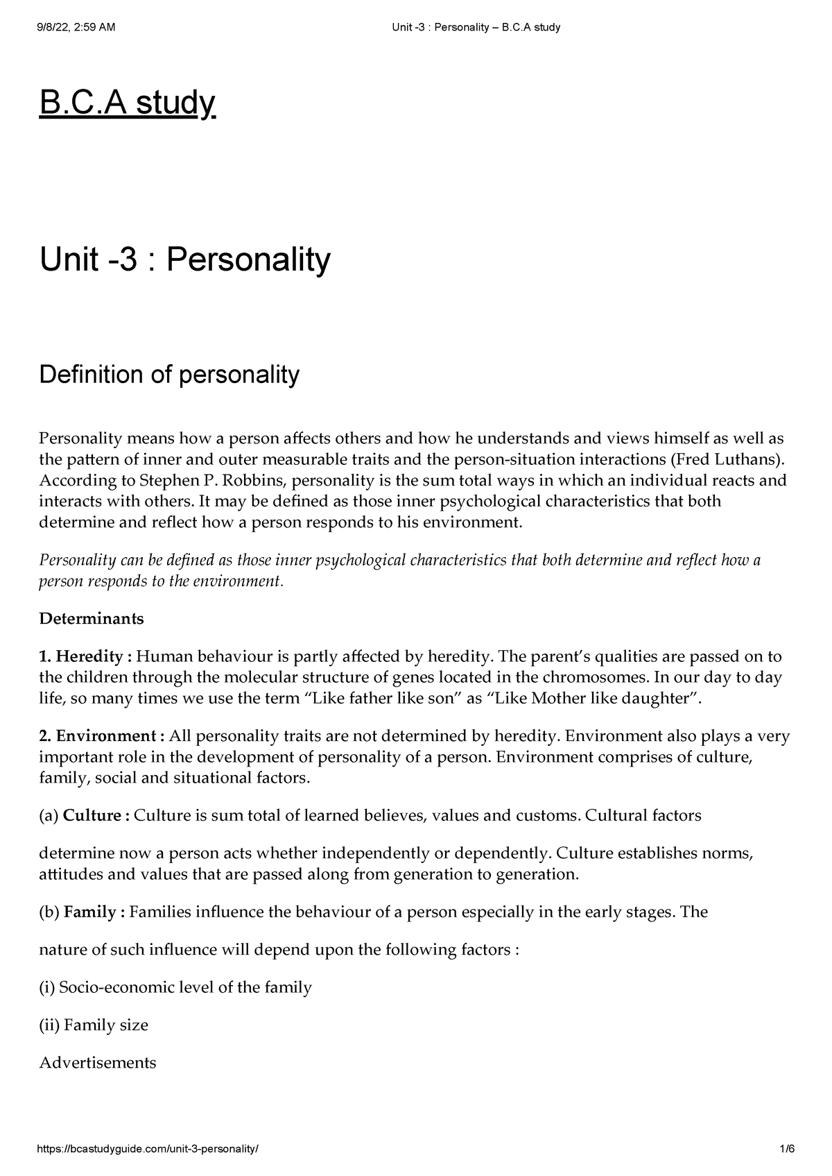 Unit -3 Personality – B.C.A Study - B.C Study Unit -3 : Personality ...