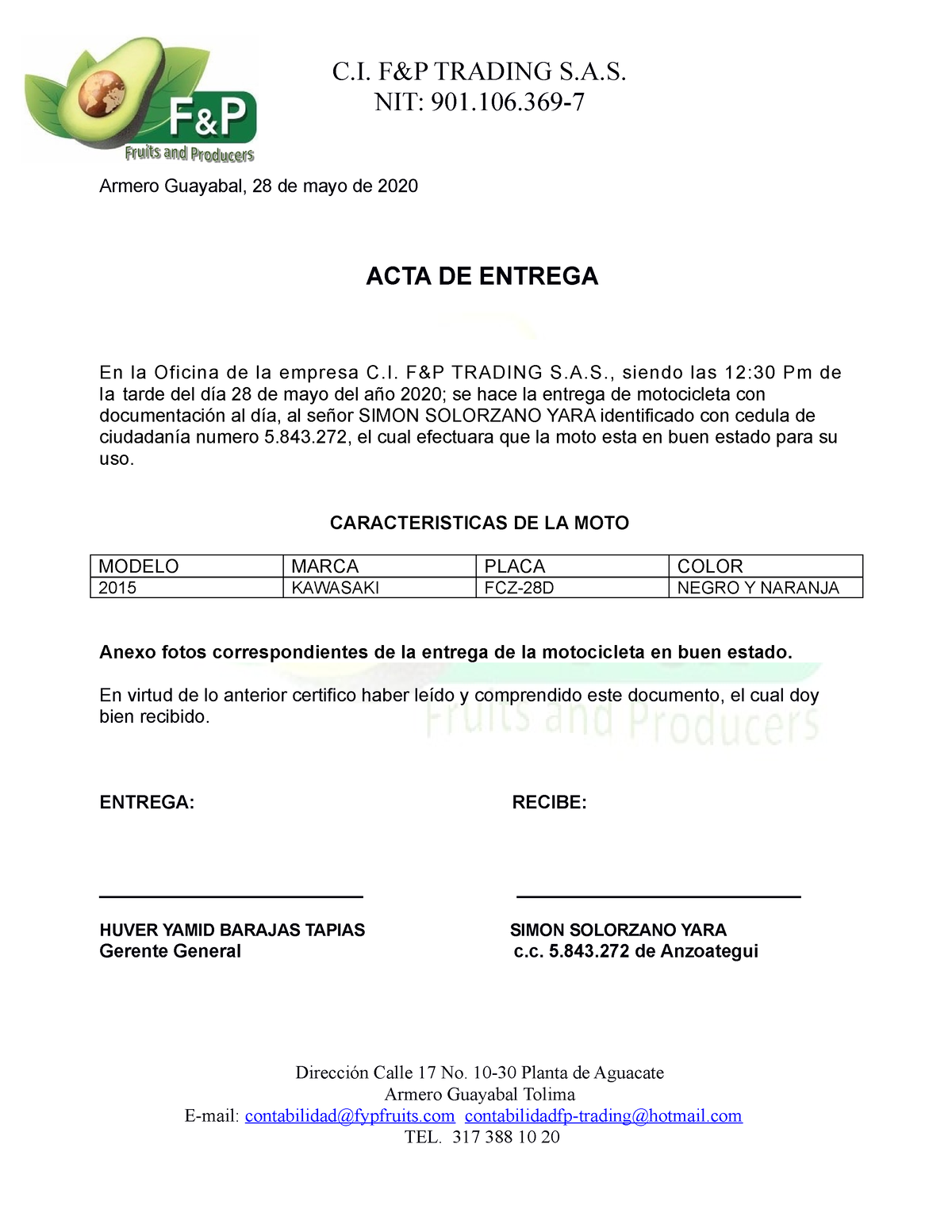 Acta De Entrega Moto Este Documento Es De Prueba Y Lo Necesito Guardar Para Un Trabajo C 