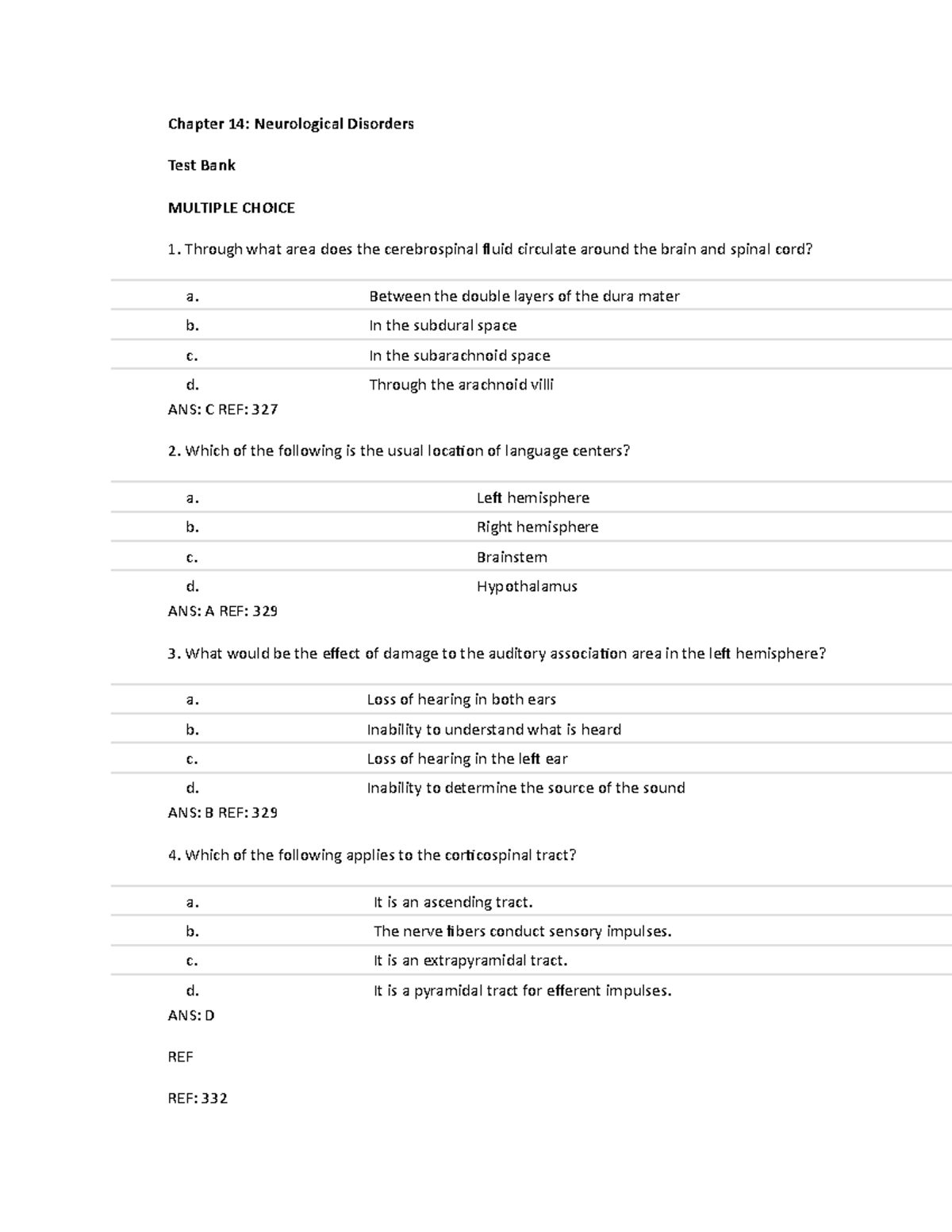 Ch. 14 Test Bank - Gould's Ch. 14 Test Bank - Chapter 14: Neurological ...