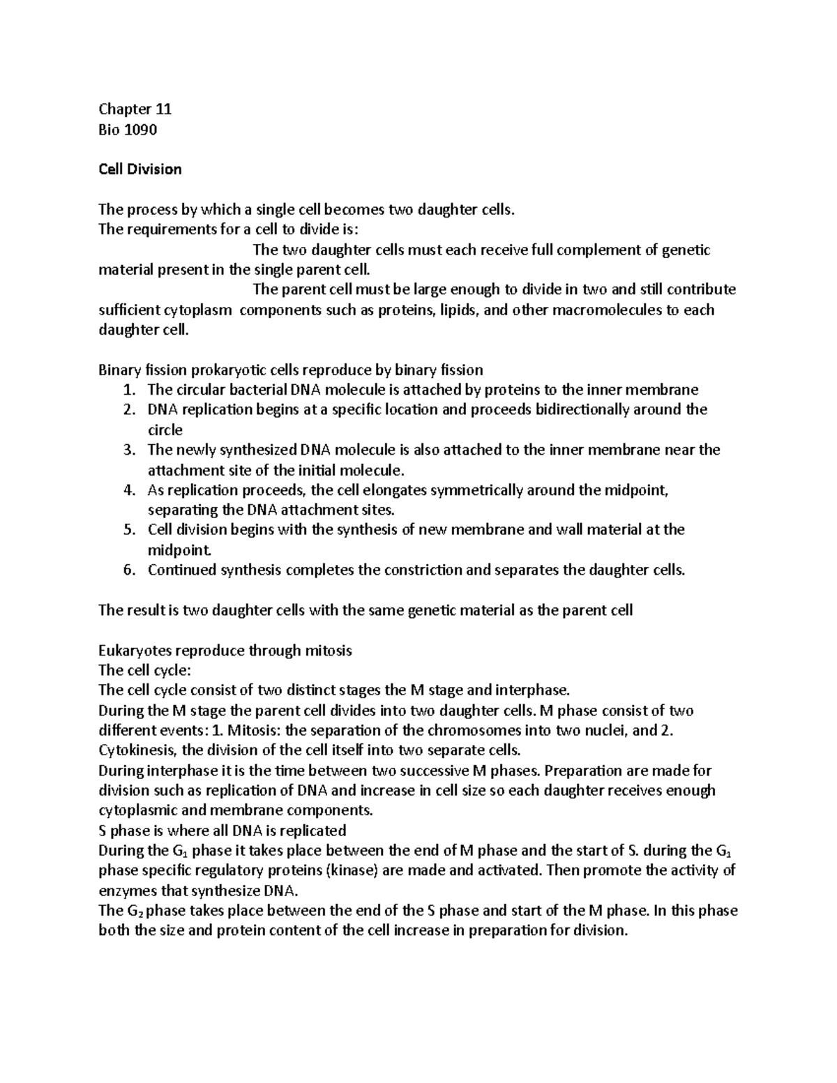 Chapter 11 - Notes - Chapter 11 Bio 1090 Cell Division The Process By ...