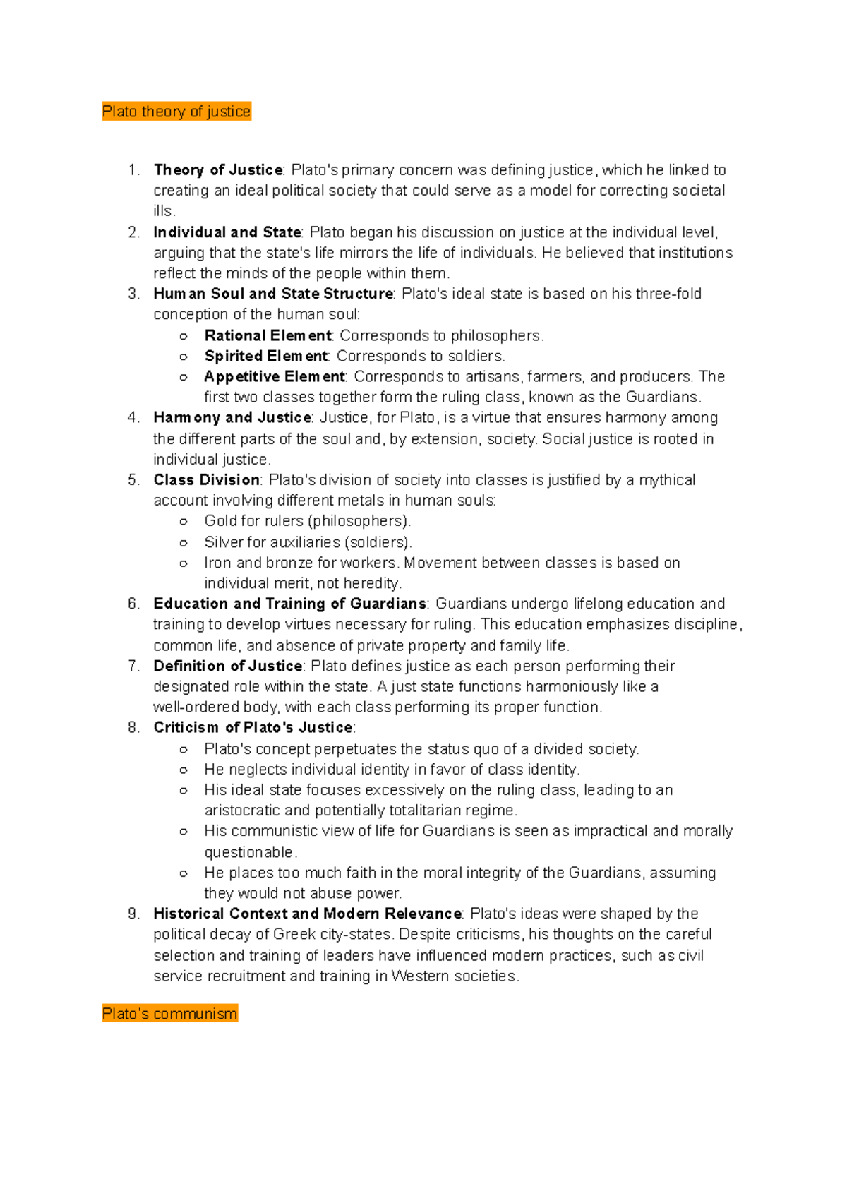 Important points - notes - Plato theory of justice 1. Theory of Justice ...