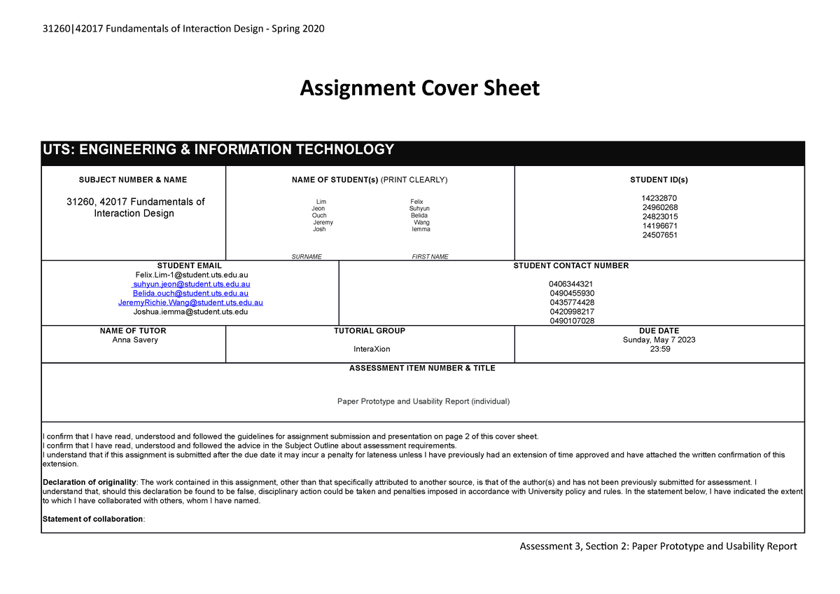 uts assignment cover sheet 2023