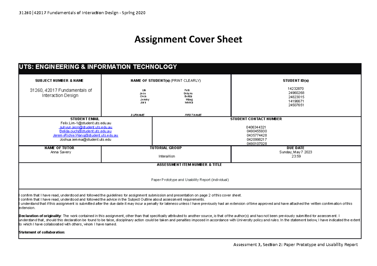 uts feit assignment cover sheet