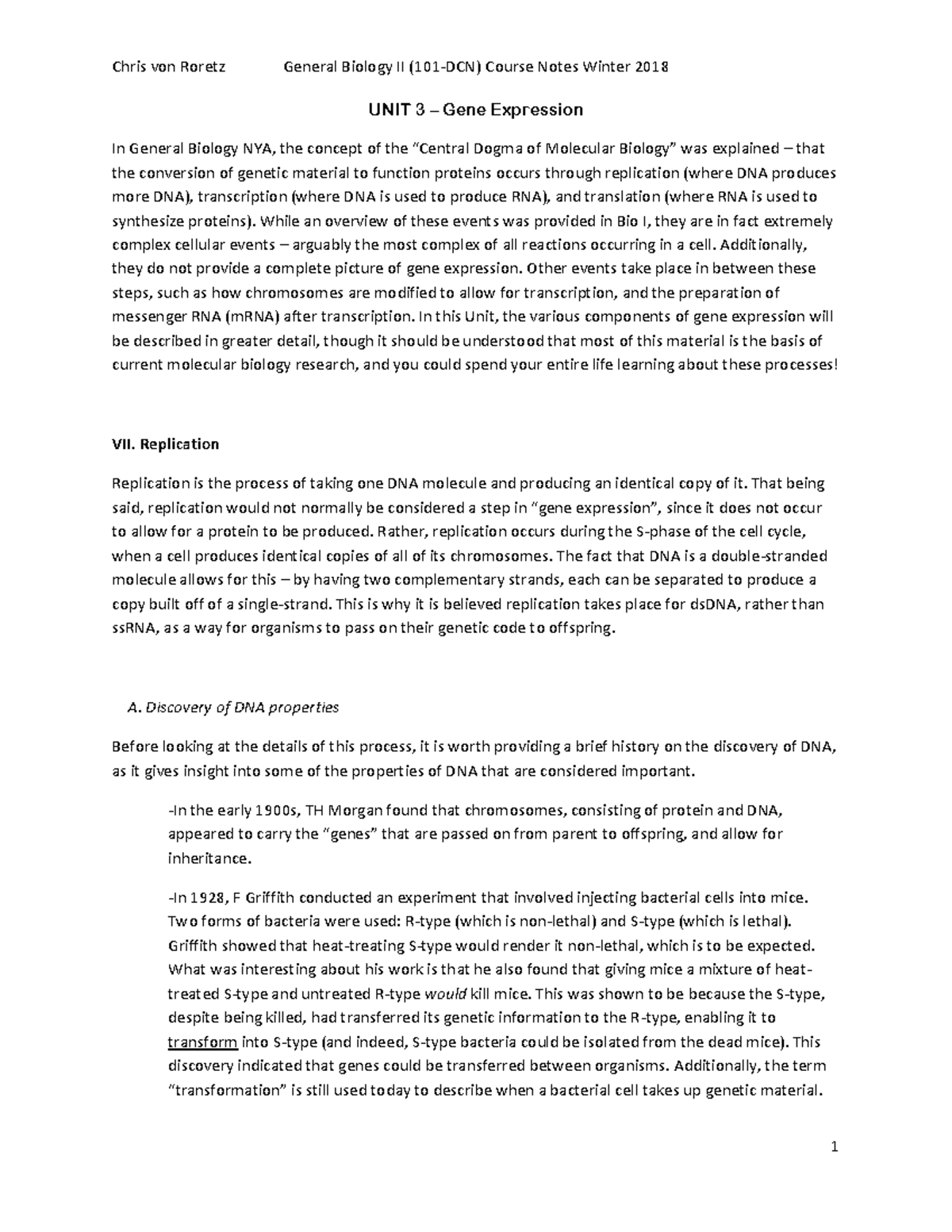 Von Roretz course notes uni - UNIT 3 – Gene Expression In General ...