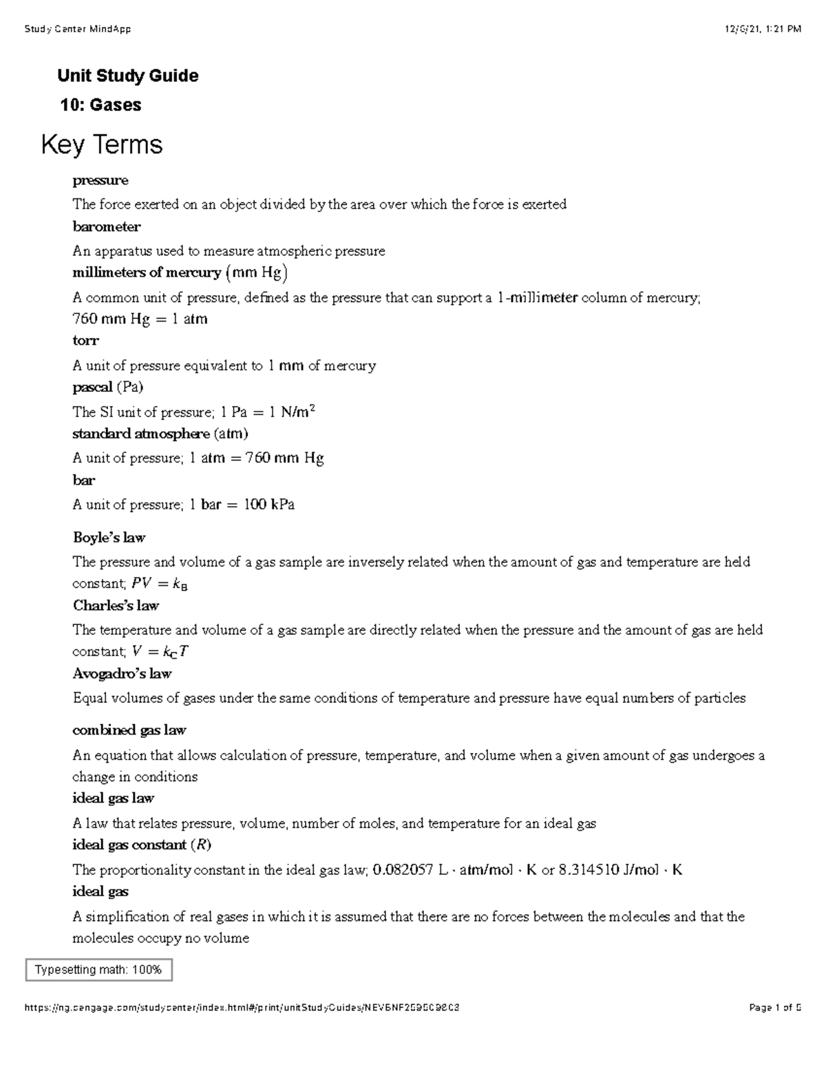 Chem Vocab Unit 10 Unit Study Guide10 Gases pressure barometer