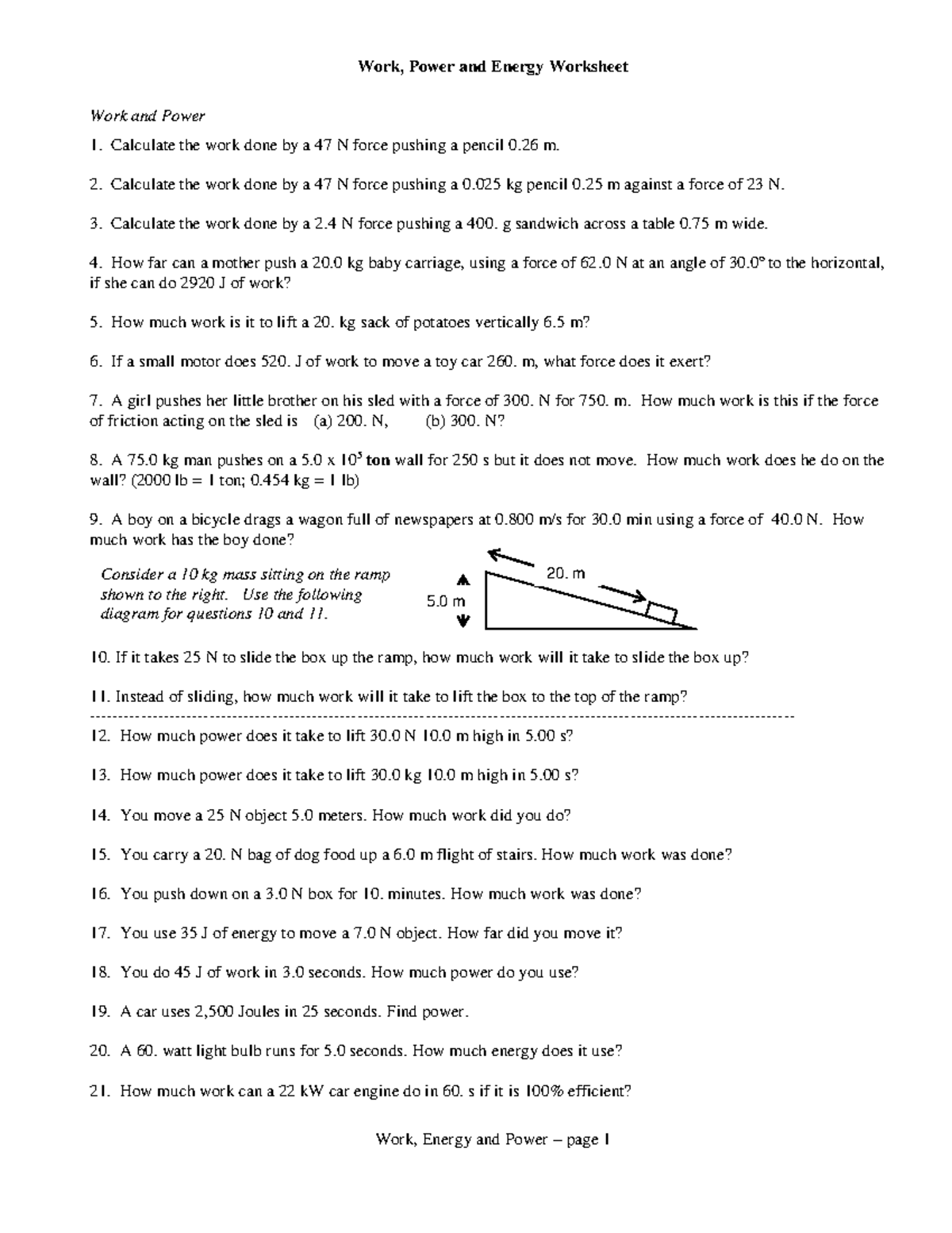 4 1 Work And Power Worksheet Answers