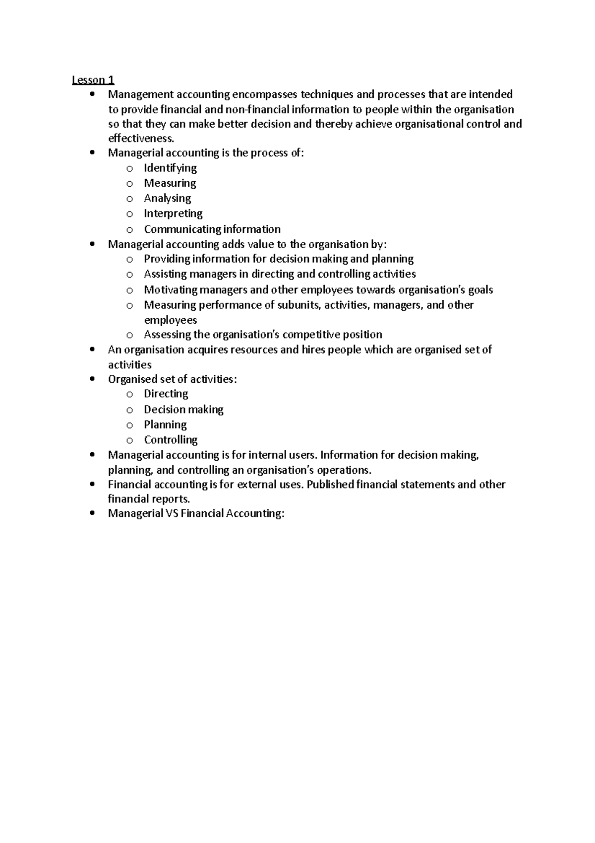 BUS 287 Notes - Lesson 1 Management accounting encompasses techniques ...