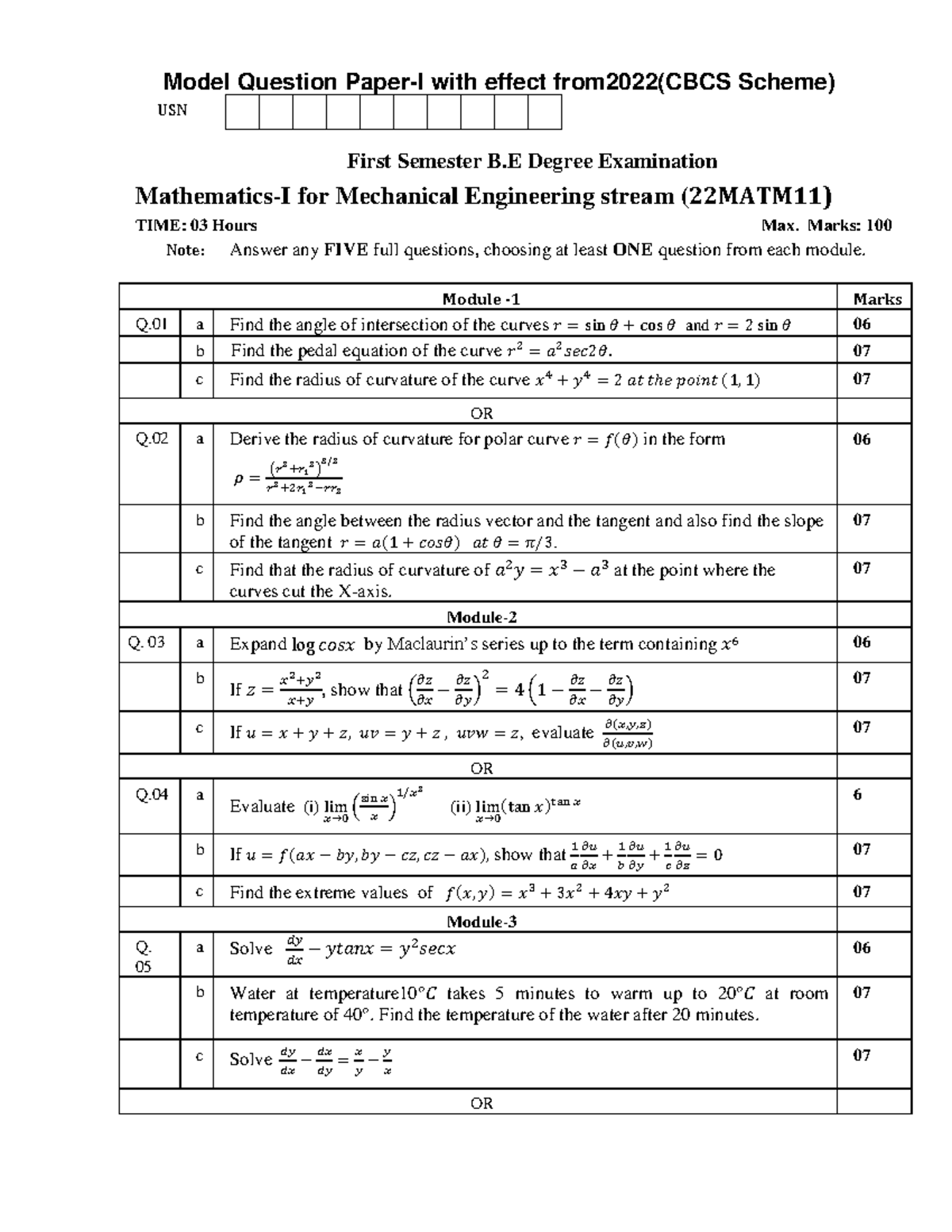 22MATM11(2022) - 1ST SEMESTER QUESTION PAPER SET 2 - Model Question ...