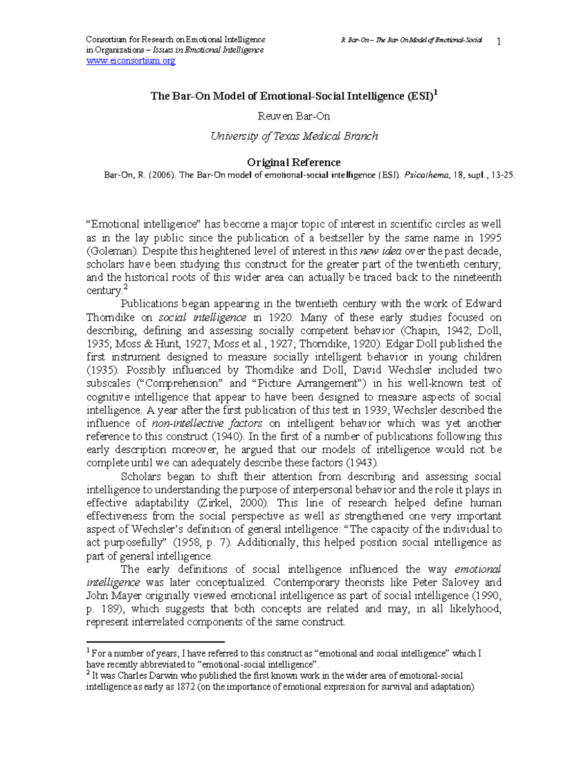 Baron model of emotional social intelligence - in Organizations ...