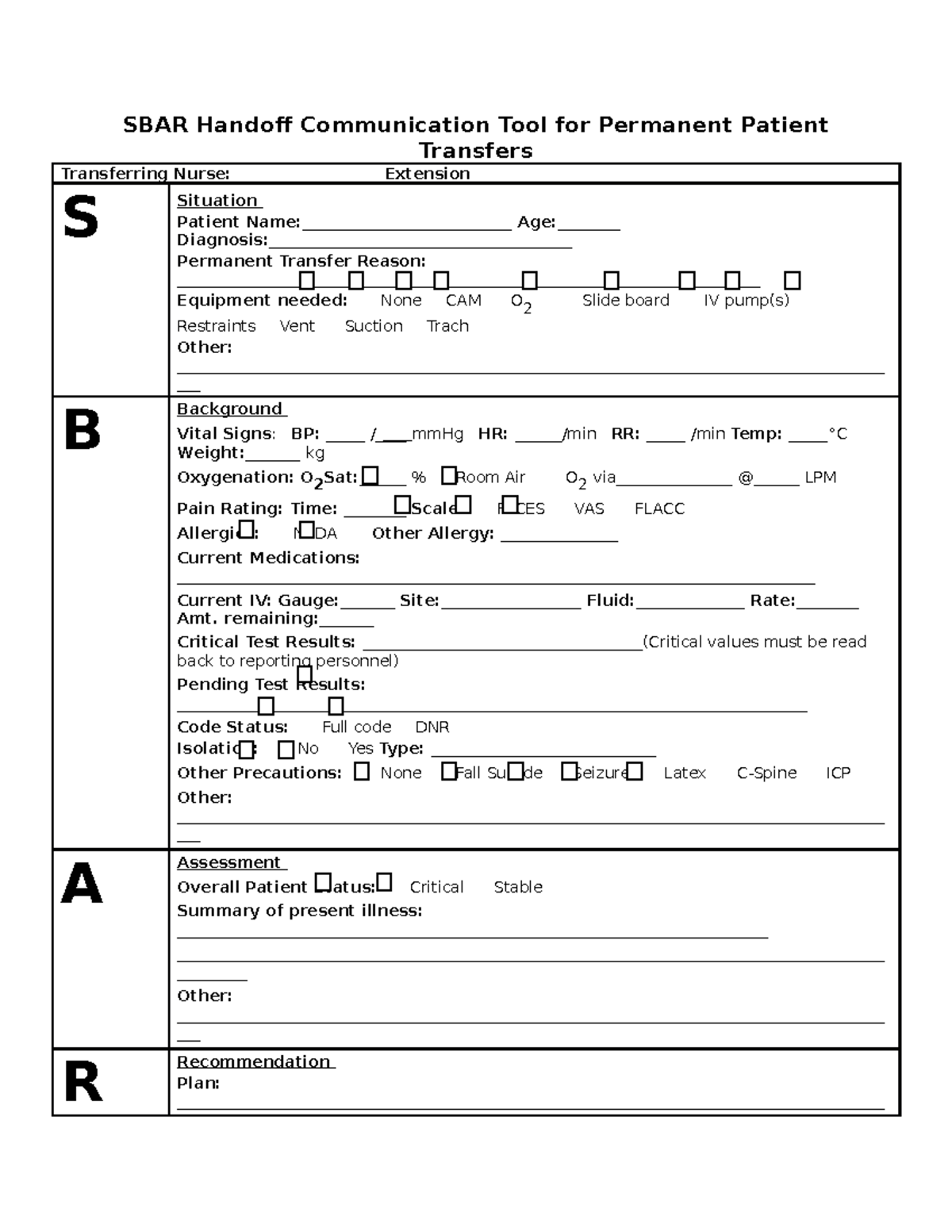 SBAR Handoff Communication Tool for Permanent Patient Transfers ...