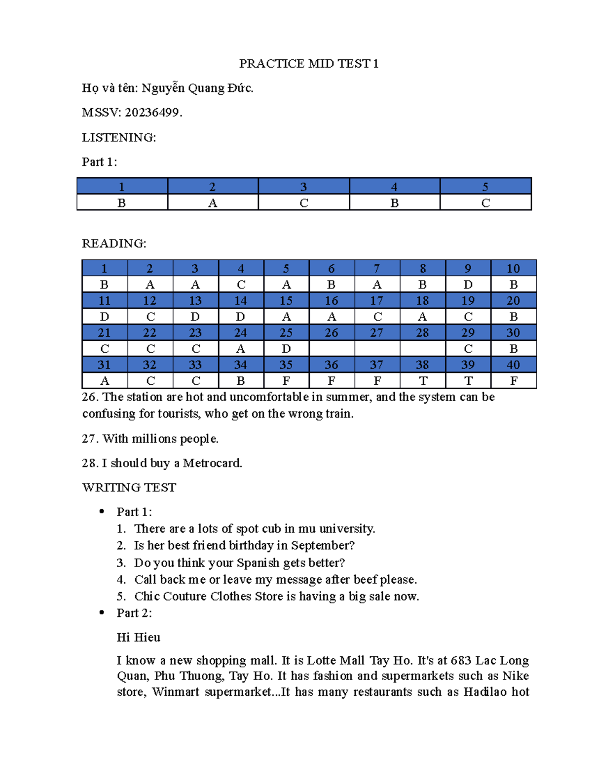 Practice MID TEST 1 - Test - PRACTICE MID TEST 1 Họ và tên: Nguyễn ...