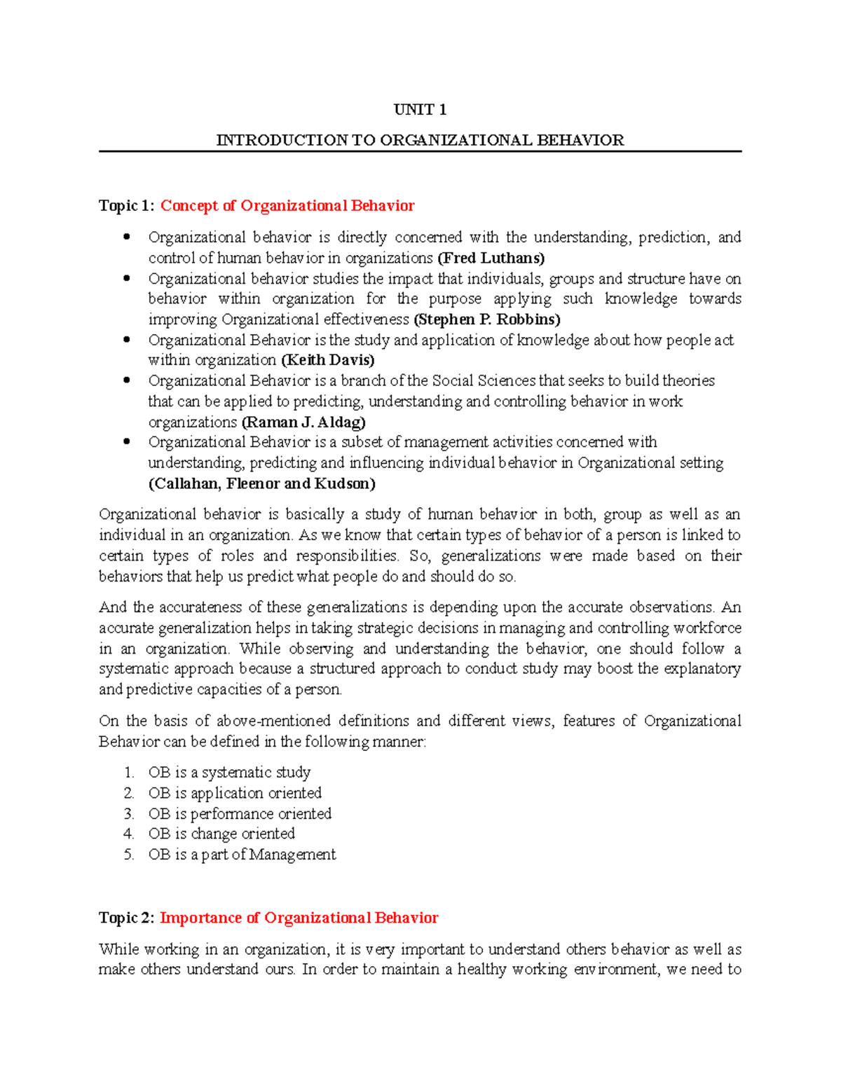 UNIT 1 OB - UNIT 1 INTRODUCTION TO ORGANIZATIONAL BEHAVIOR Topic 1 ...