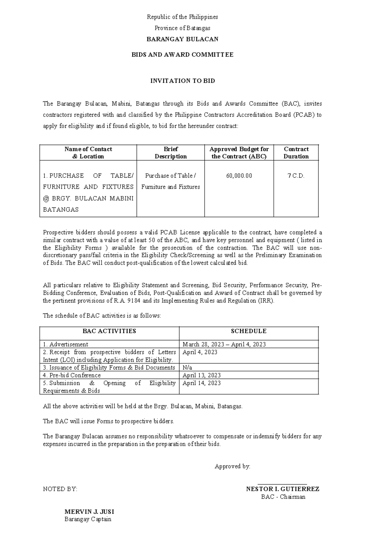 Purchase OF Table Furniture AND Fixtures Republic of the Philippines