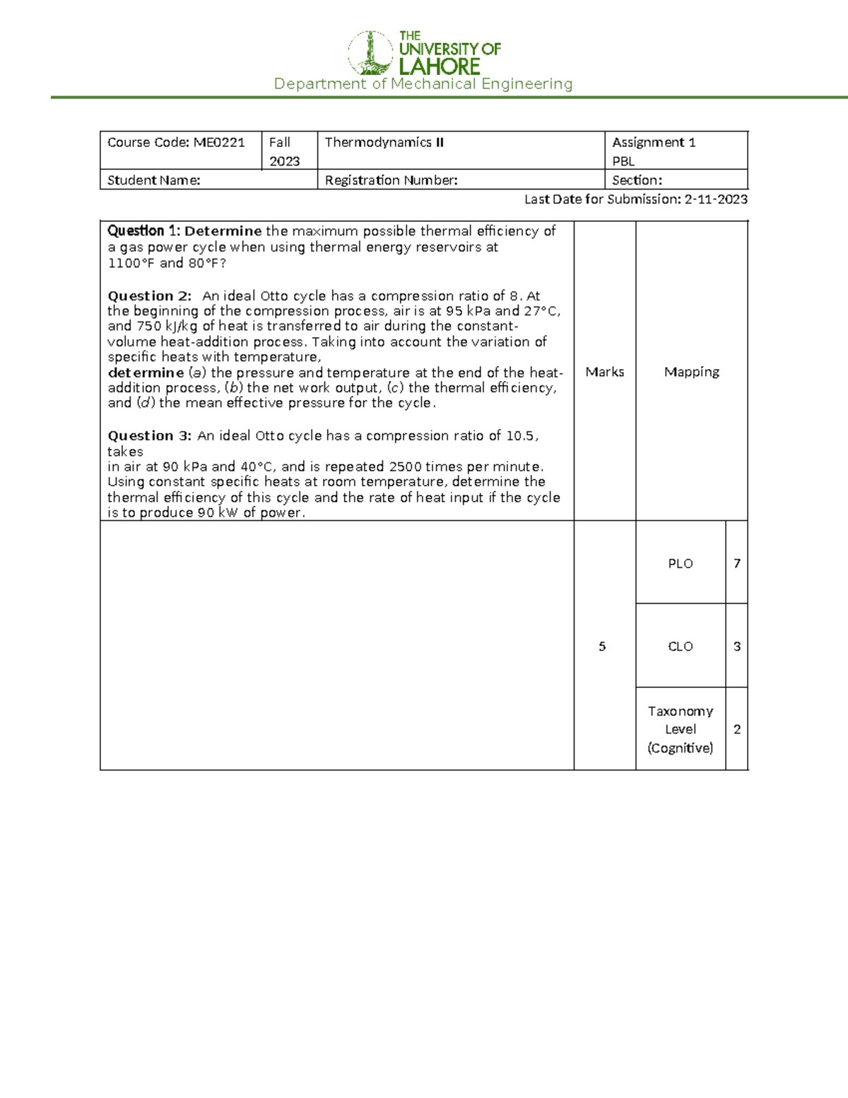 Assignment 1 - h.w - Department of Mechanical Engineering Course Code ...
