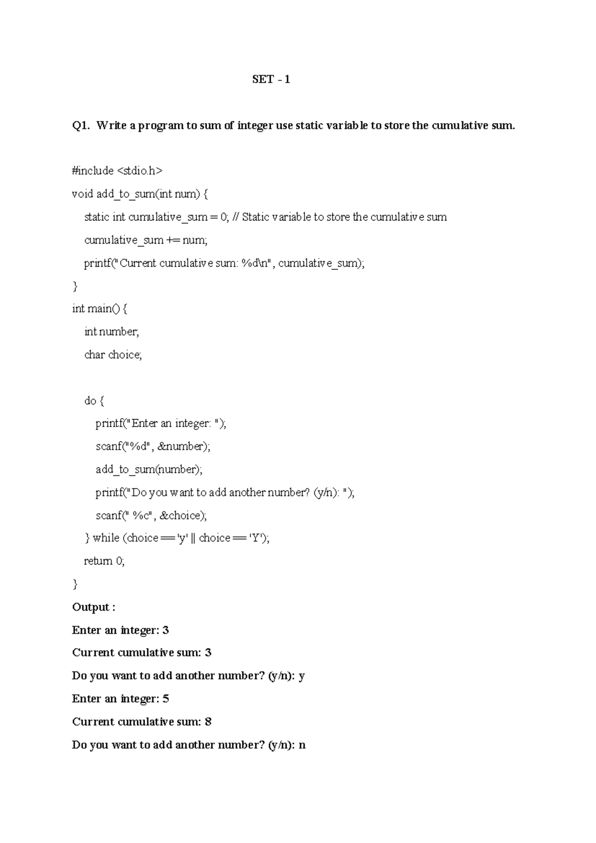 C Programming Array Set 1 Q1 Write A Program To Sum Of Integer Use 