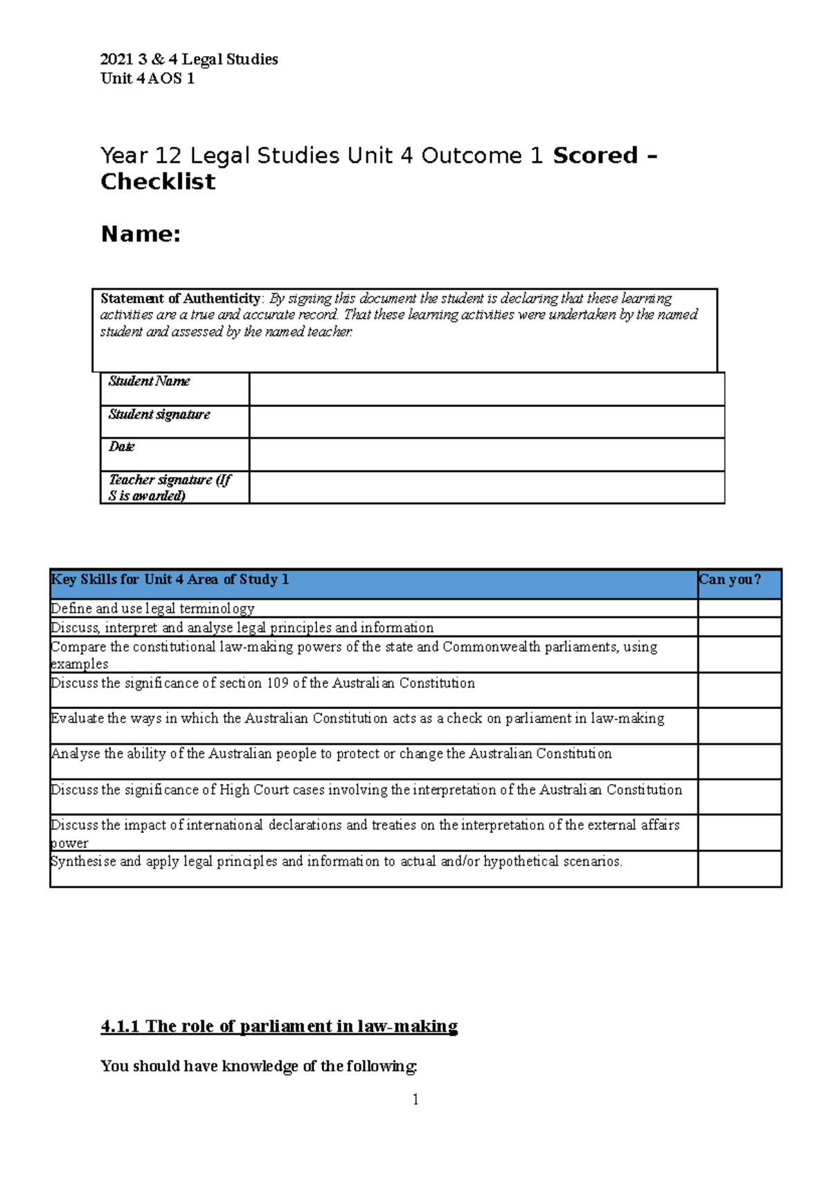 21 LS 4.1 Scored- Checklist - Year 12 Legal Studies Unit 4 Outcome 1 ...