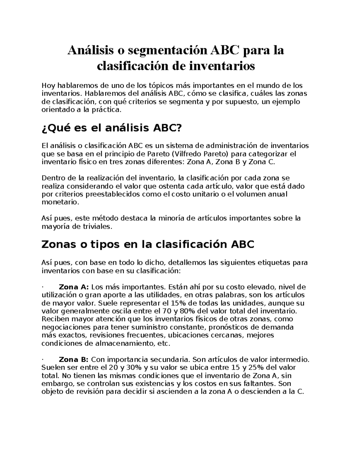 Análisis o segmentación ABC para la clasificación de inventarios ...