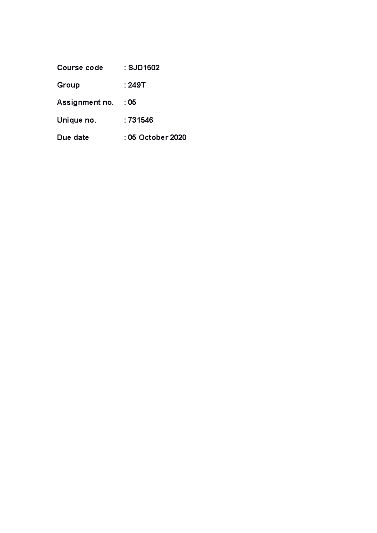 Assignment 5 Sjd1501 Gp Group 249t Course Code Sjd Assignment No Unique No Due Date Assignment 5 Sjd1501 Gp Group 249t Course Code Sjd Assignment No Unique No Due Date