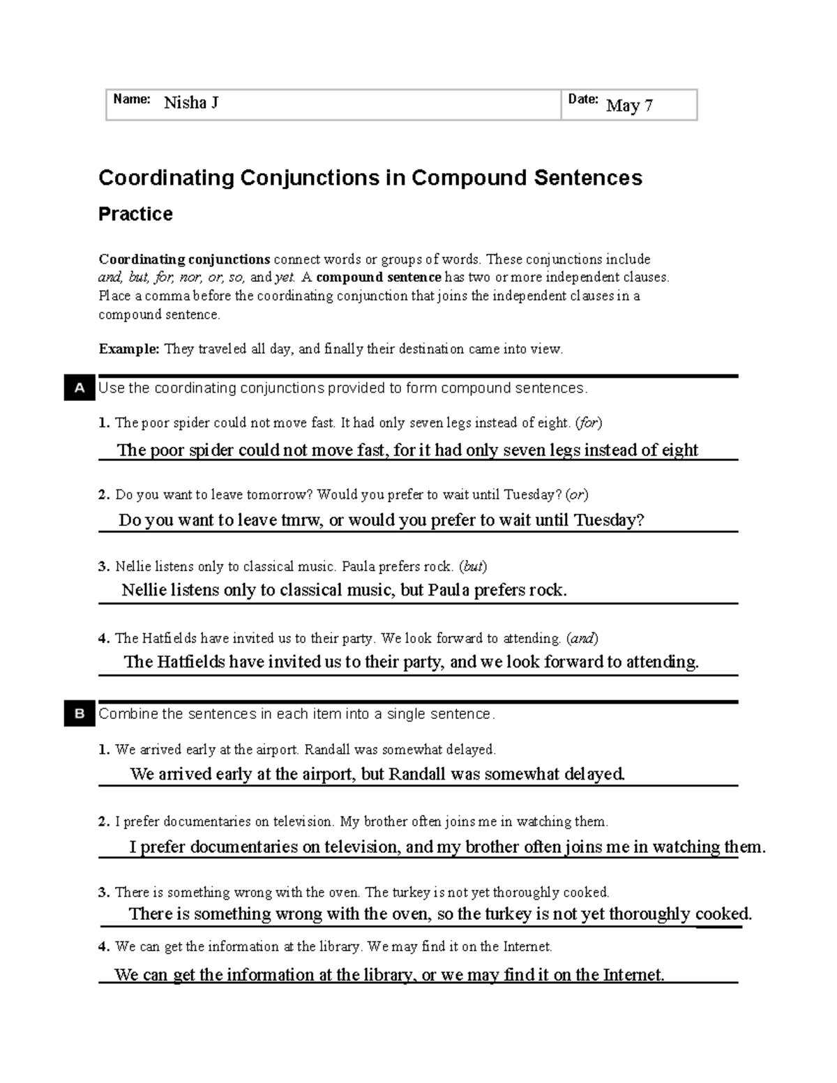 English 1 - Coordinating Conjunctions in Compound Sentence Notes - Name ...