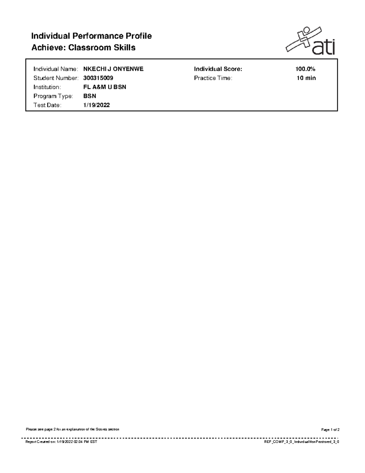 Classroom Skills graded ATI work Individual Performance Profile