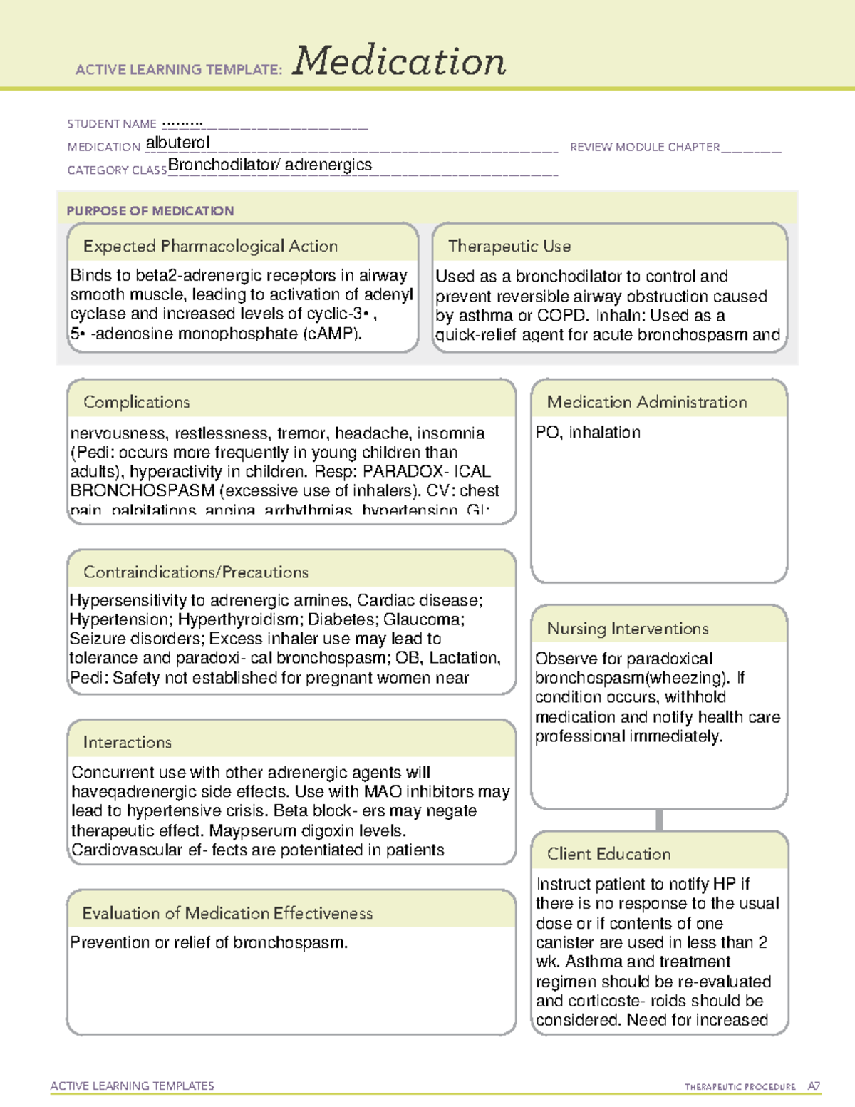 Albuterol Copy - Active Learning Template. Pharmacological Action ...