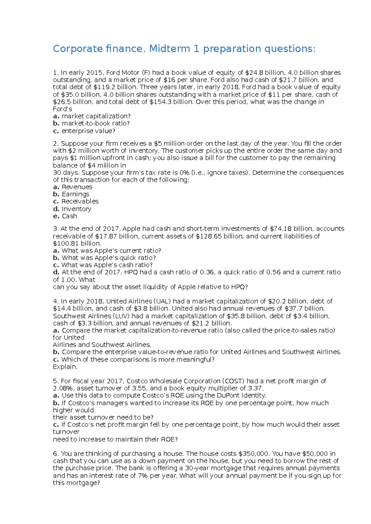Midterm+1 - Preparation questions - Corporate finance. Midterm 1 ...