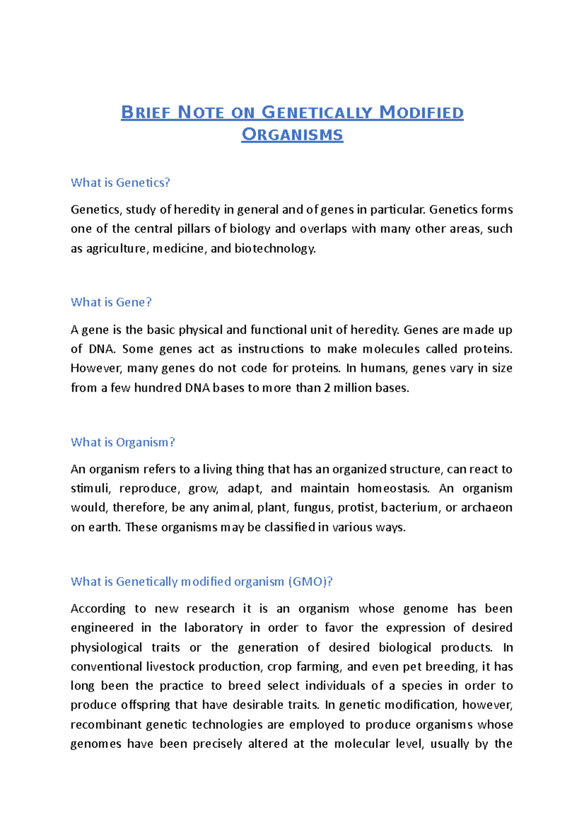 Brief NOTE ON Genetically Modified Organisms - B RIEF NOTE ON ...