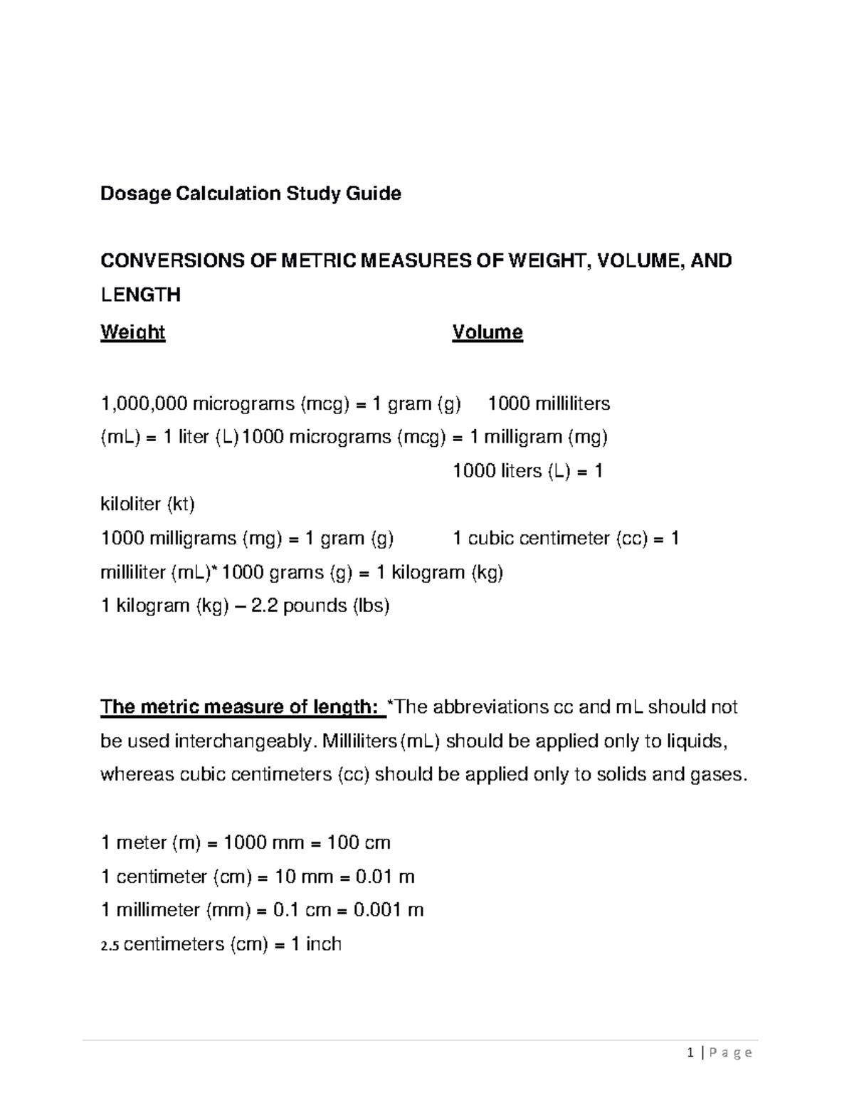 Dosage Calculation Study Guide 1 1 - Dosage Calculation Study Guide 