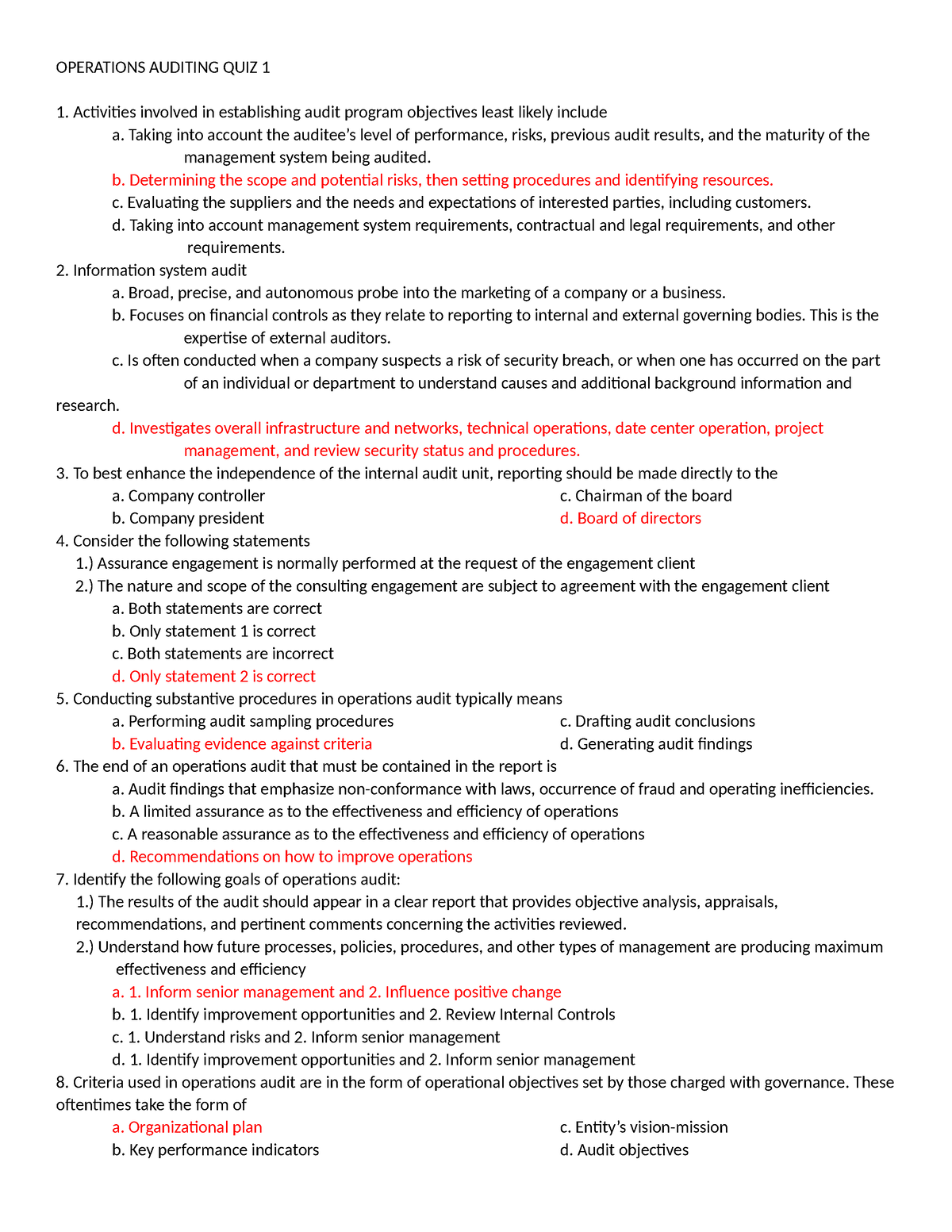 QUIZ Compilation 1 5 - OPERATIONS AUDITING QUIZ 1 Ac琀椀vi琀椀es Involved ...