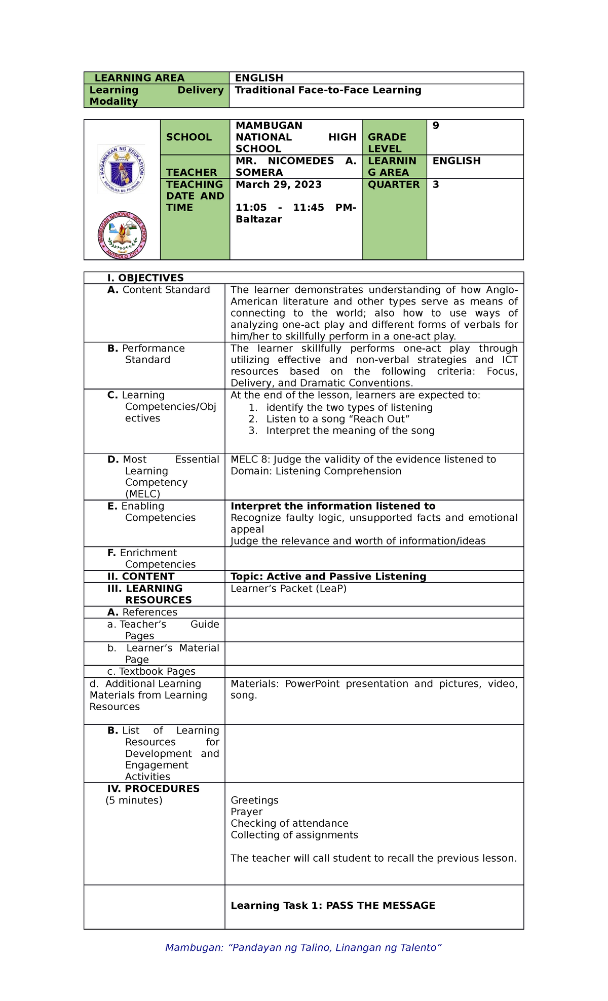 Final Demo Exemplar 1 - LEARNING AREA ENGLISH Learning Delivery ...