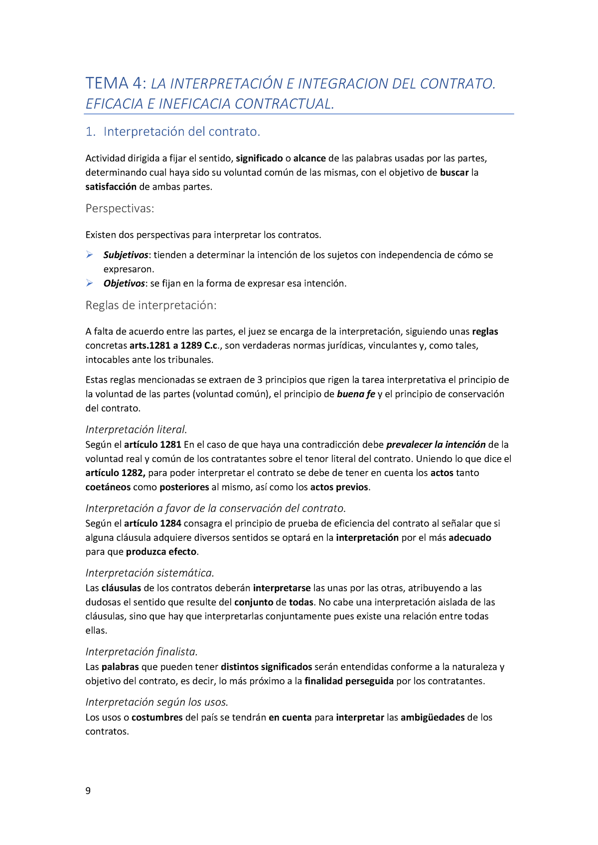 Tema 4 La InterpretaciÓn E Integracion Del Contrato Eficacia E Ineficacia Contractual 9