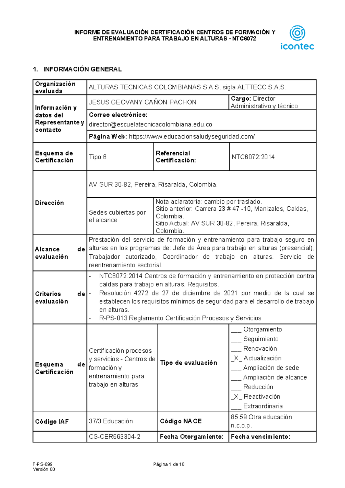 FPS899 Informedeevaluacinntc 6072 alturas tecnicas - ENTRENAMIENTO PARA ...