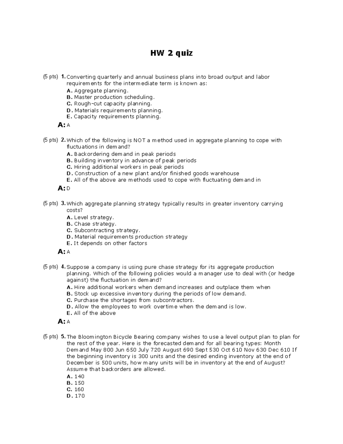 Hw2 Quiz With Answers Hw Quiz Pts Converting Quarterly And Annual Business Plans Into Broad Output And Labor Requirements For The Intermediate Term Is Known As Studocu