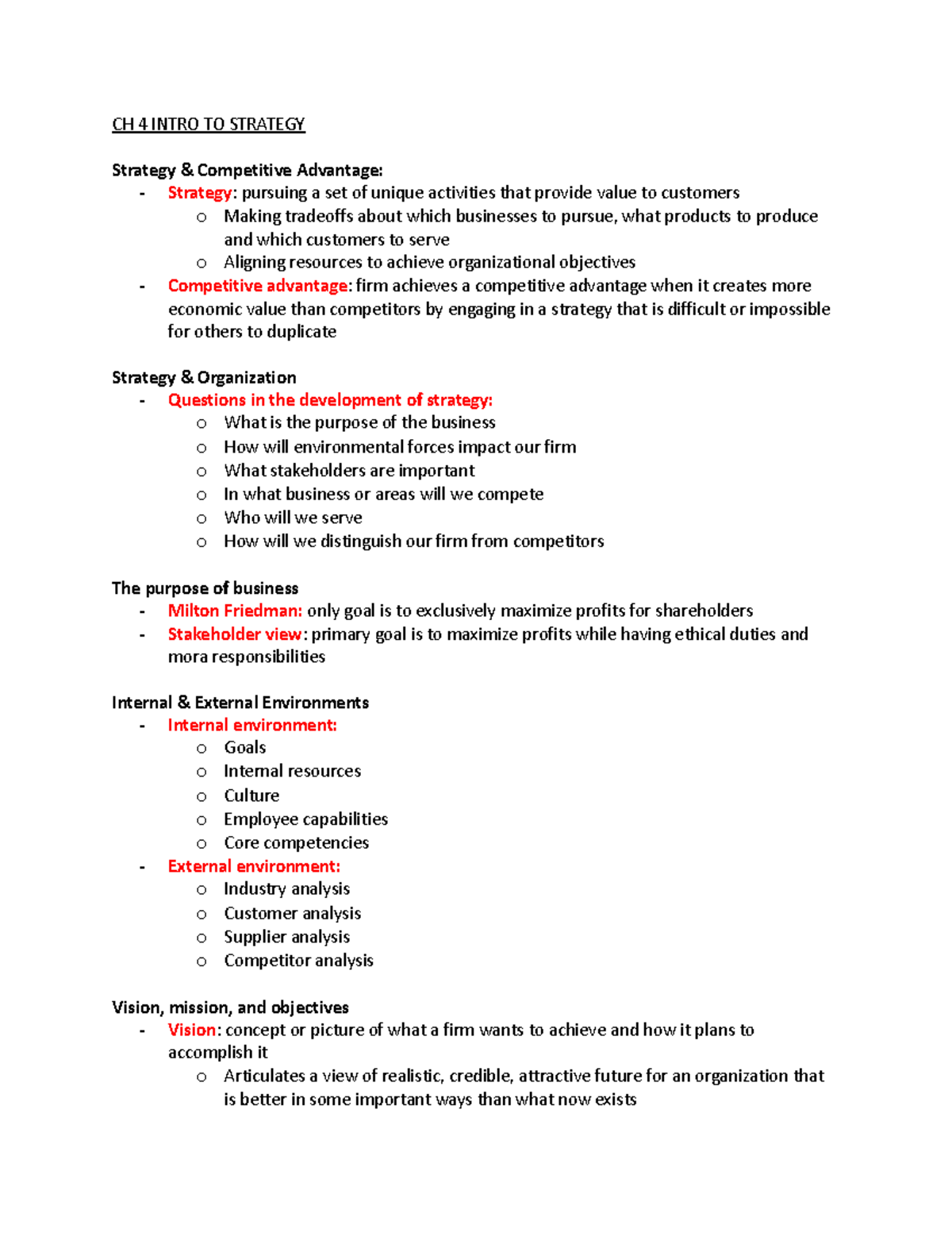 CH 4 Textbook Notes - CH 4 INTRO TO STRATEGY Strategy & Competitive ...