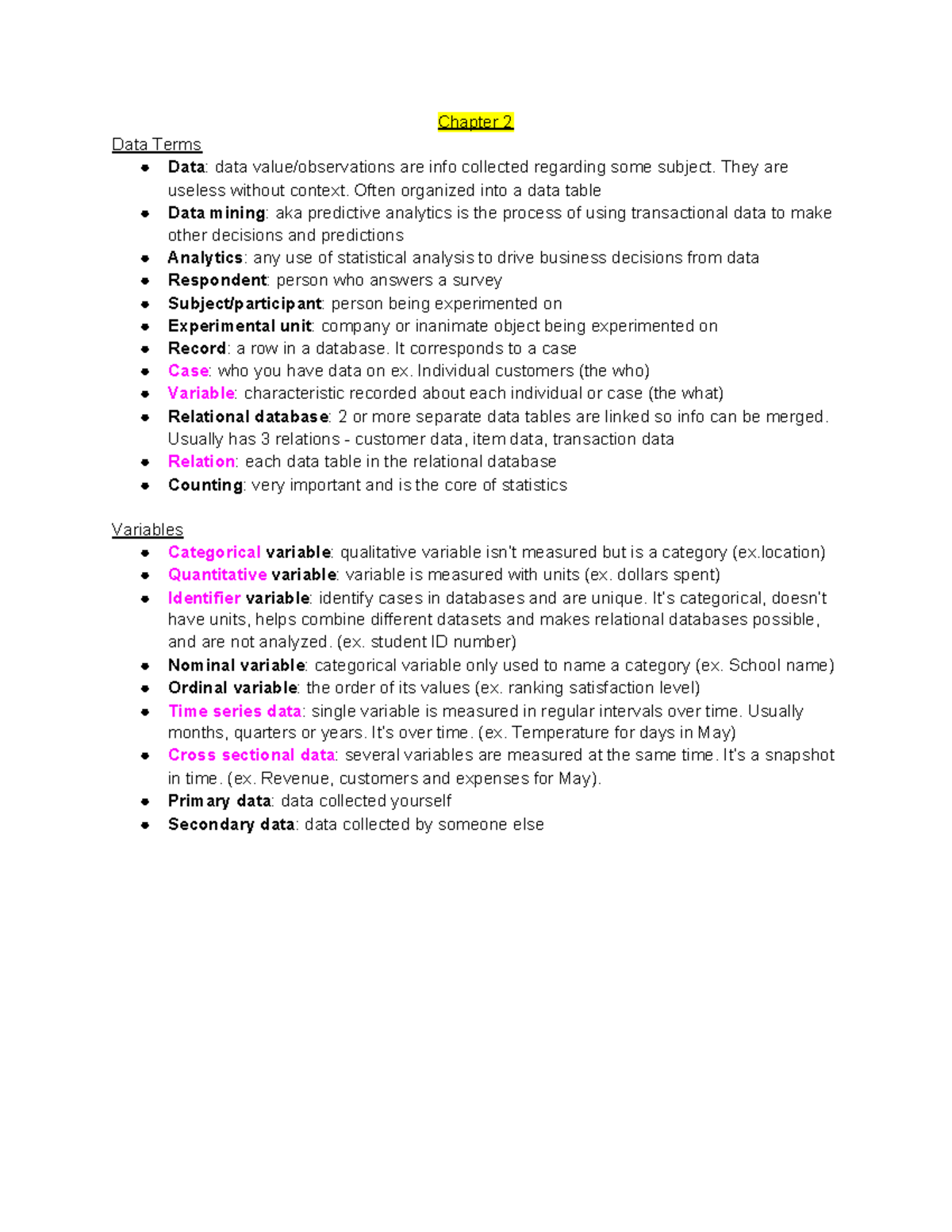 1DA3 Statistics Notes - Chapter 2 Data Terms Data : data value ...