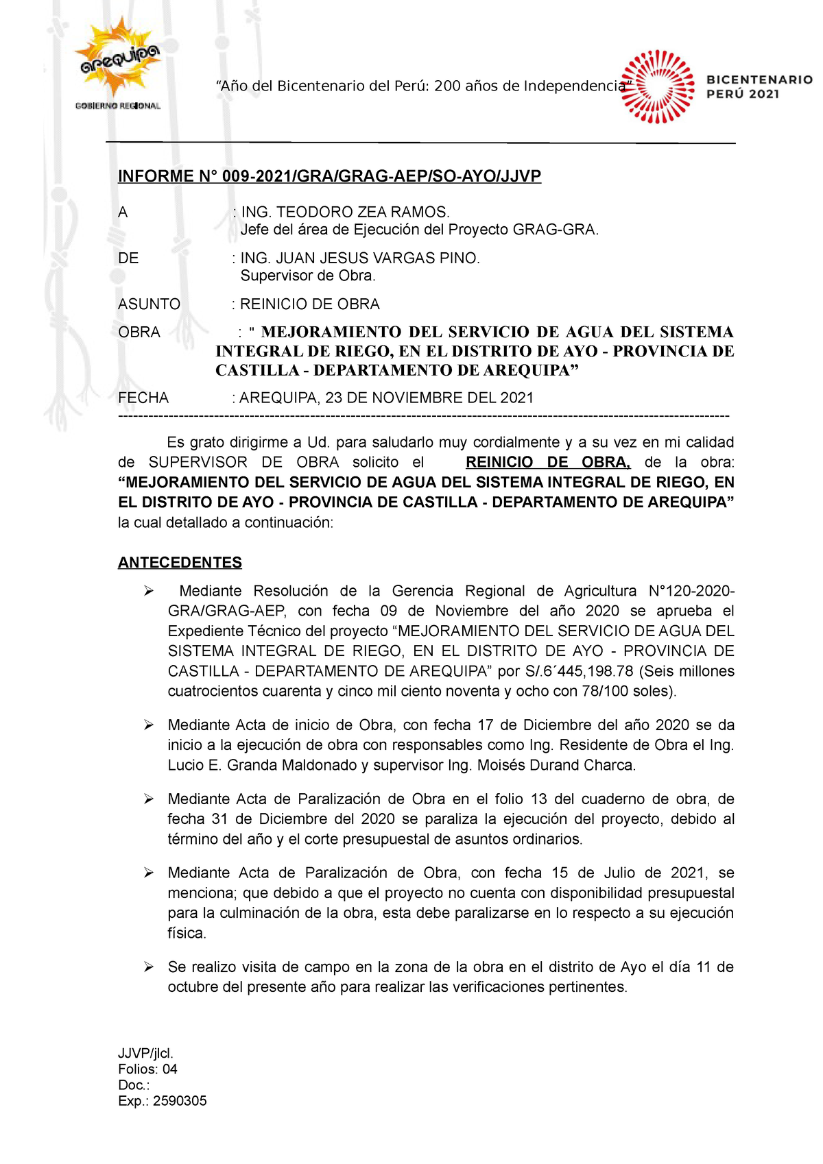 Informe de Reinicio DE OBRAS por administración directa - “Año del  Bicentenario del Perú: 200 años - Studocu