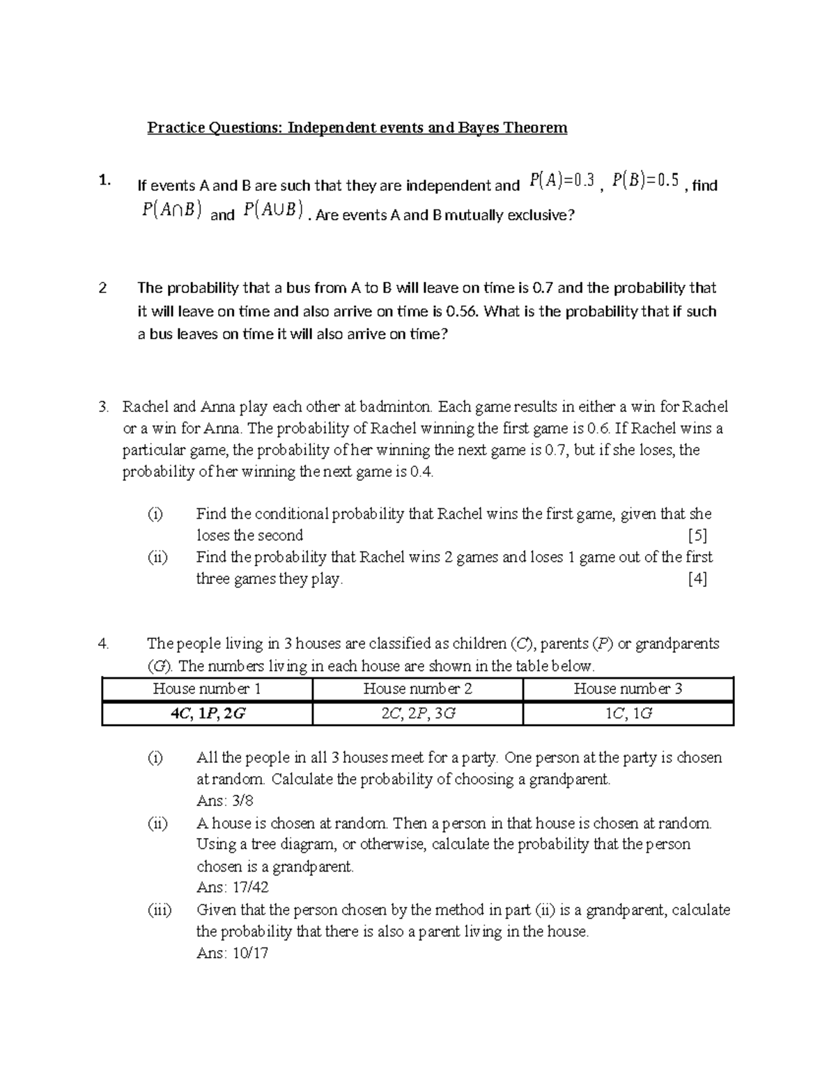 MAT 1830 Bayes Practice Qs - Practice Questions: Independent events and ...