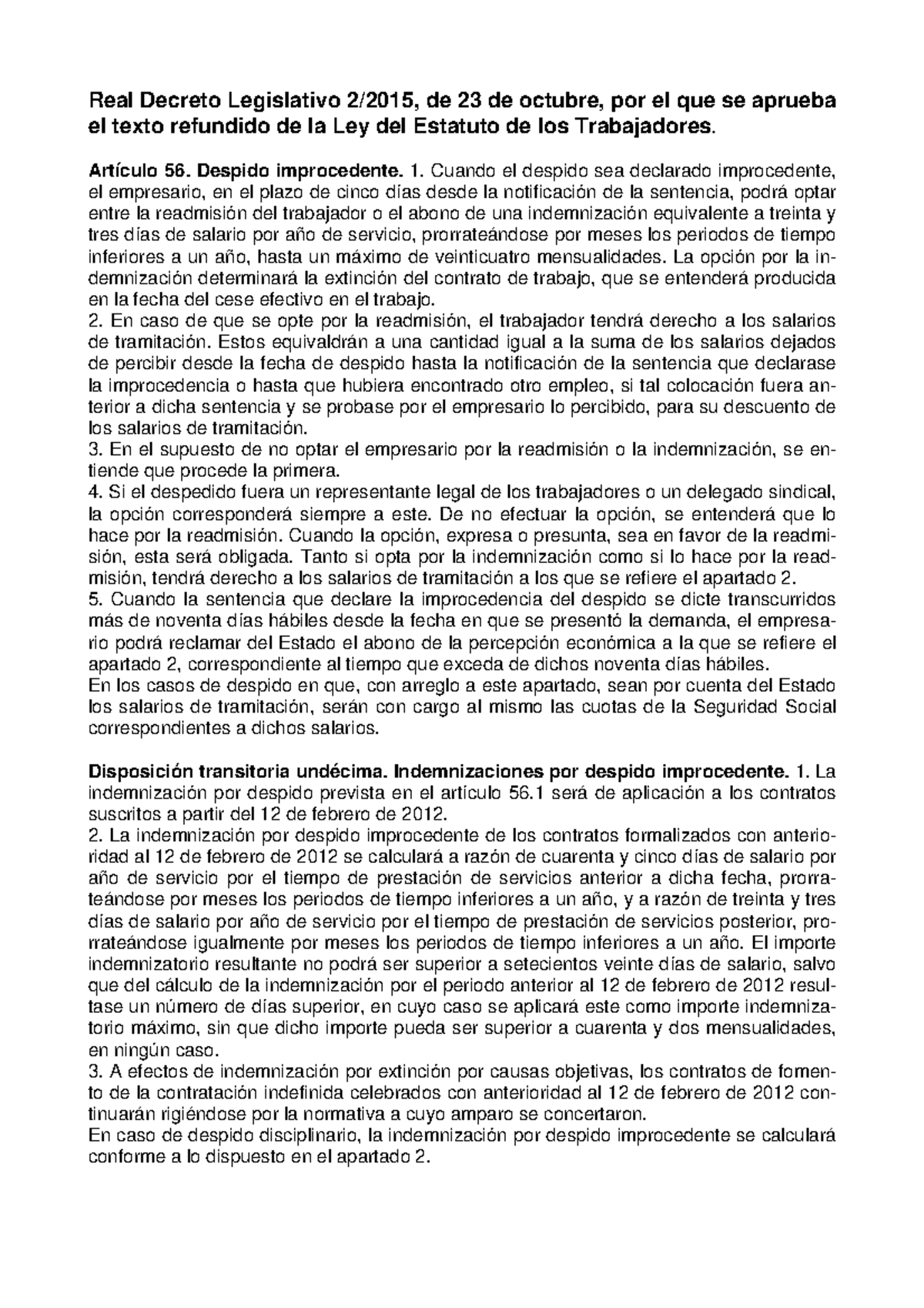 Estatuto Trabajadores - Real Decreto Legislativo 2/2015, De 23 De ...