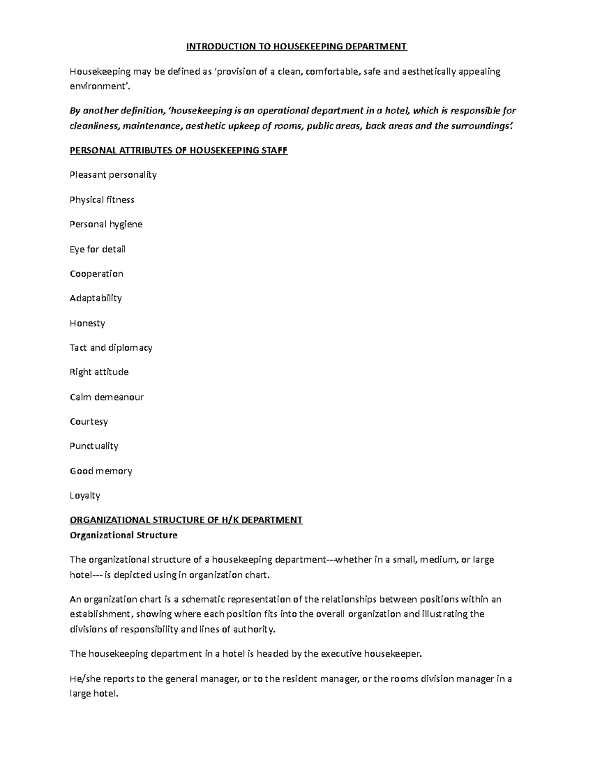 Introduction TO Housekeeping INTRODUCTION TO HOUSEKEEPING DEPARTMENT