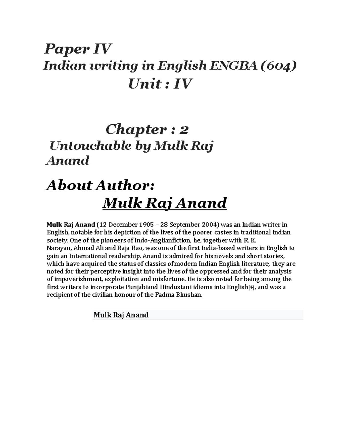 research paper on untouchable by mulk raj anand