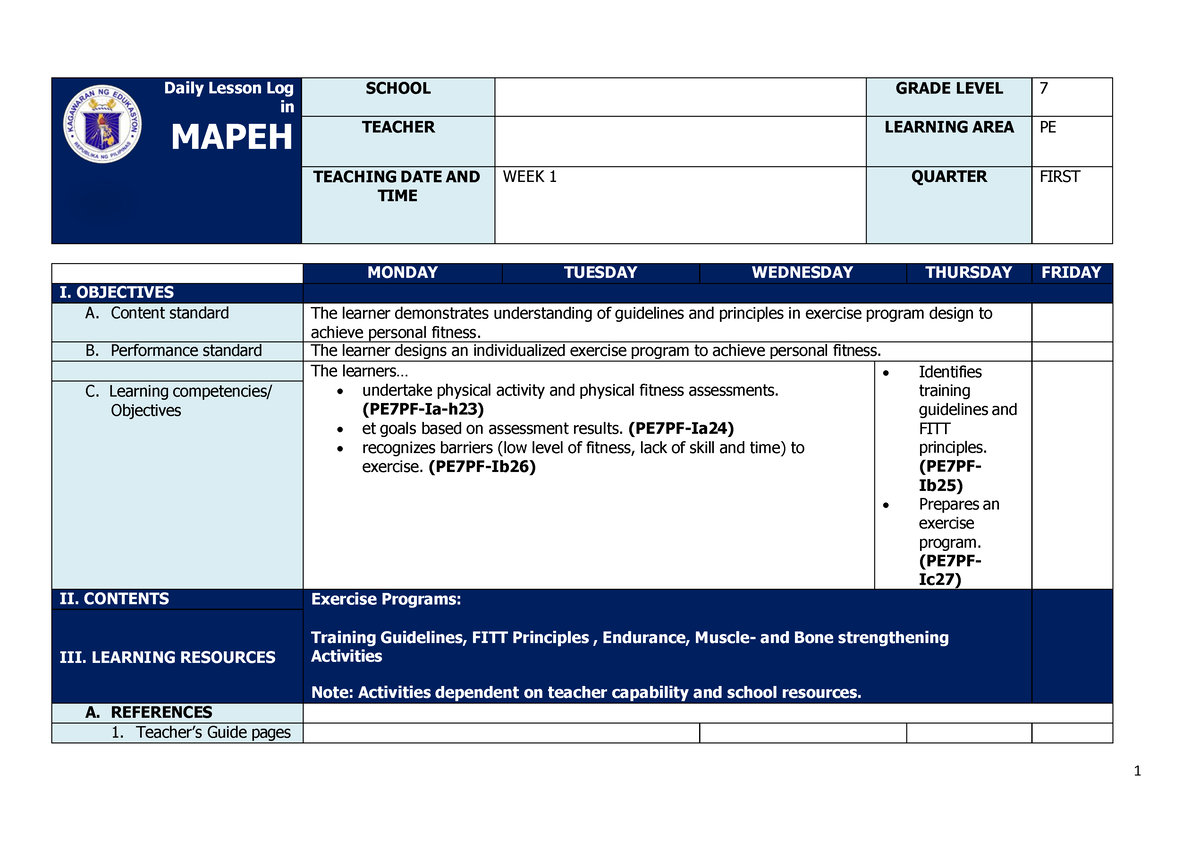 Q1 Grade 7 PE DLL Week 1 - Dll And Dlp - Daily Lesson Log In MAPEH ...