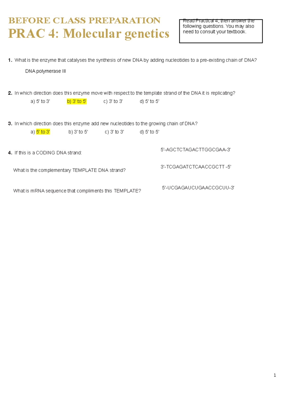 BIOL1020 Prac 4 PCR All the questions in the worksheets are
