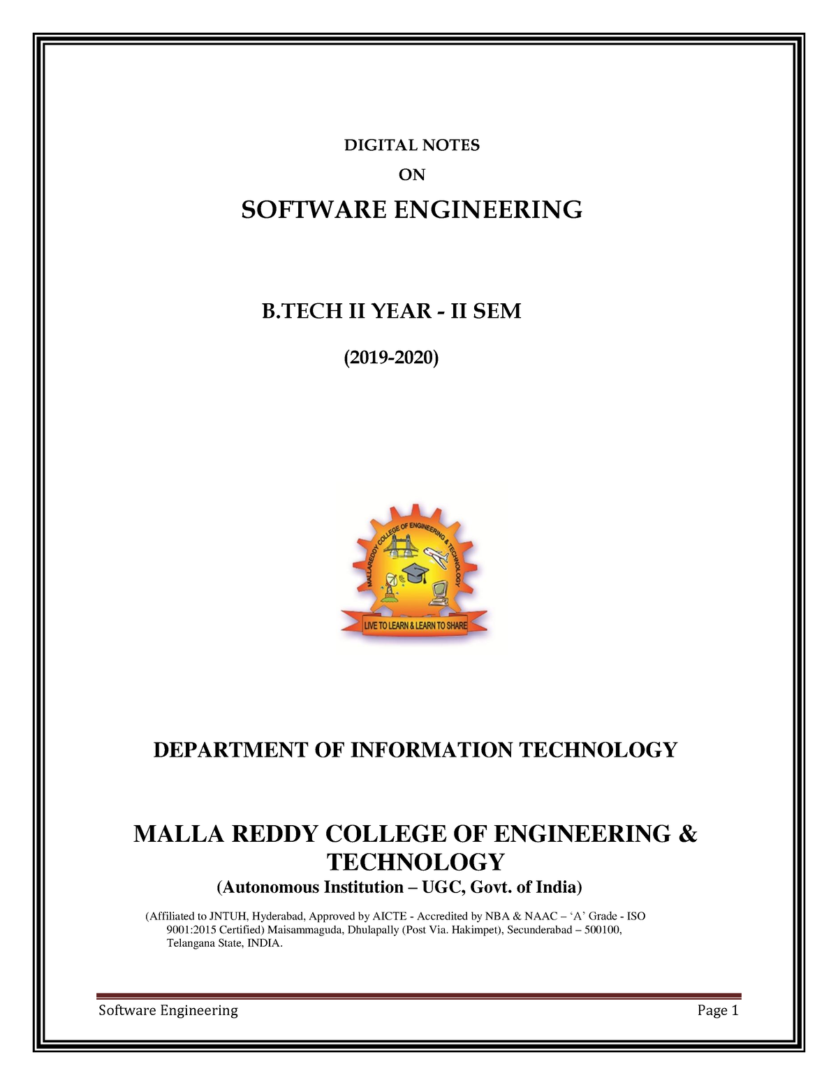 IT B.TECH II YEAR II SEM SE (R18A0511) Notes - DIGITAL NOTES ON ...