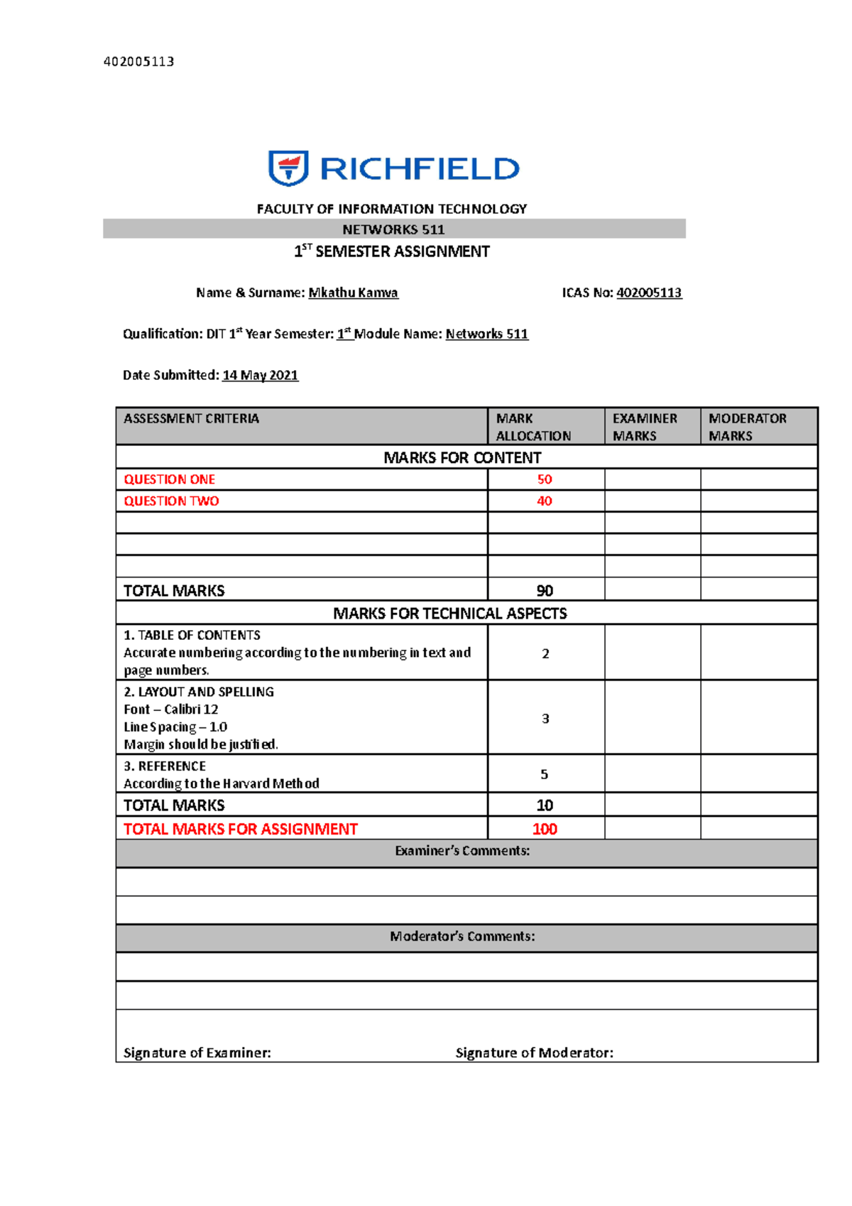 Networks 511 - assignment - FACULTY OF INFORMATION TECHNOLOGY NETWORKS ...