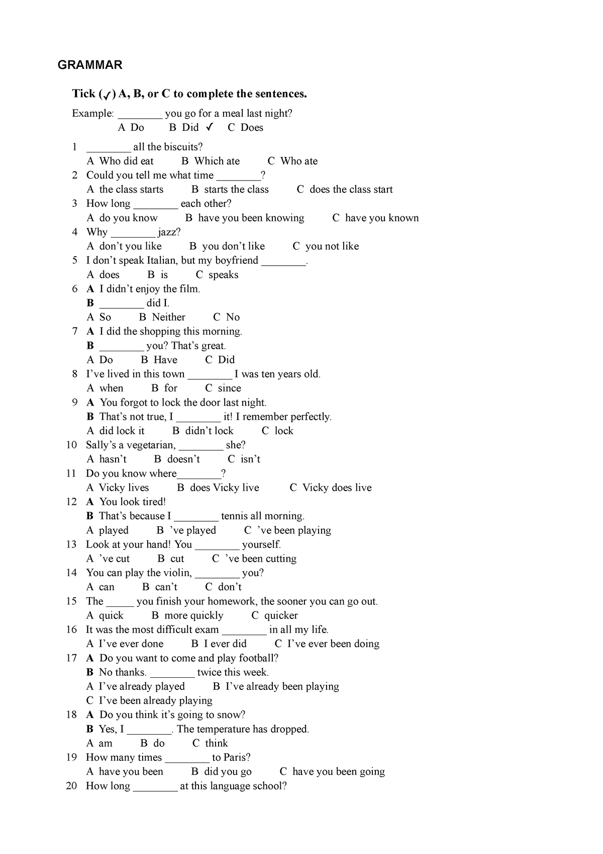 Grammar Semestr 4 Angielski - GRAMMAR Tick ( ) A, B, Or C To Complete ...